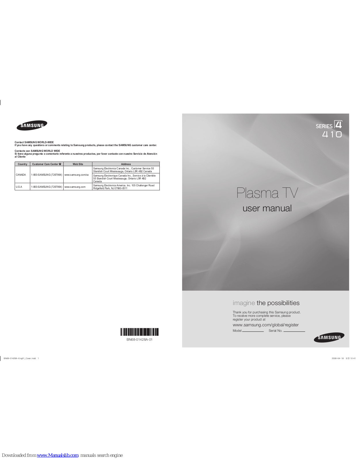 Samsung PN42A410, PN50A410, PN42A410C1D, PN50A410C1D, PN42A400C2D User Manual