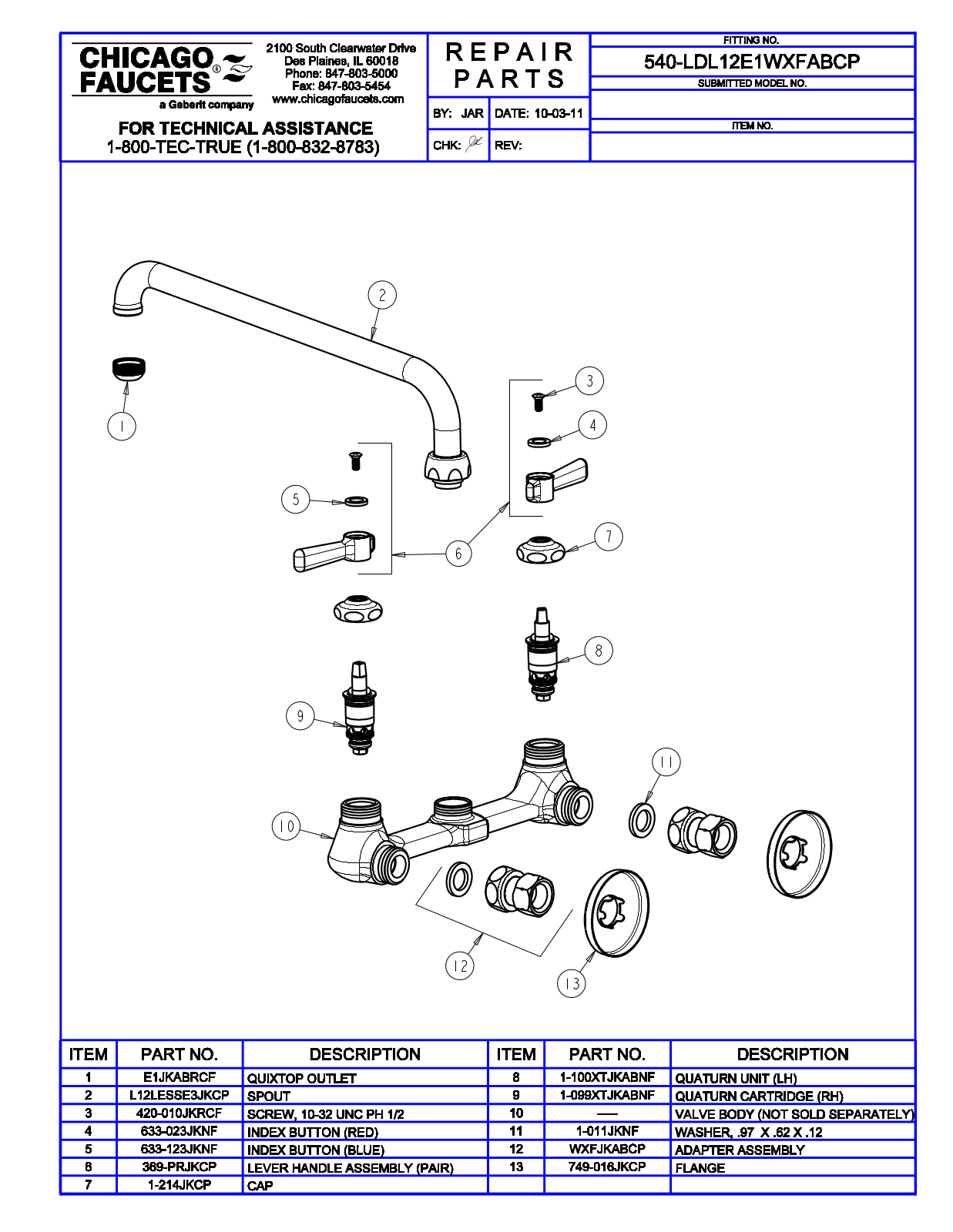 Chicago Faucet 540-LDL12E1WXFAB Parts List