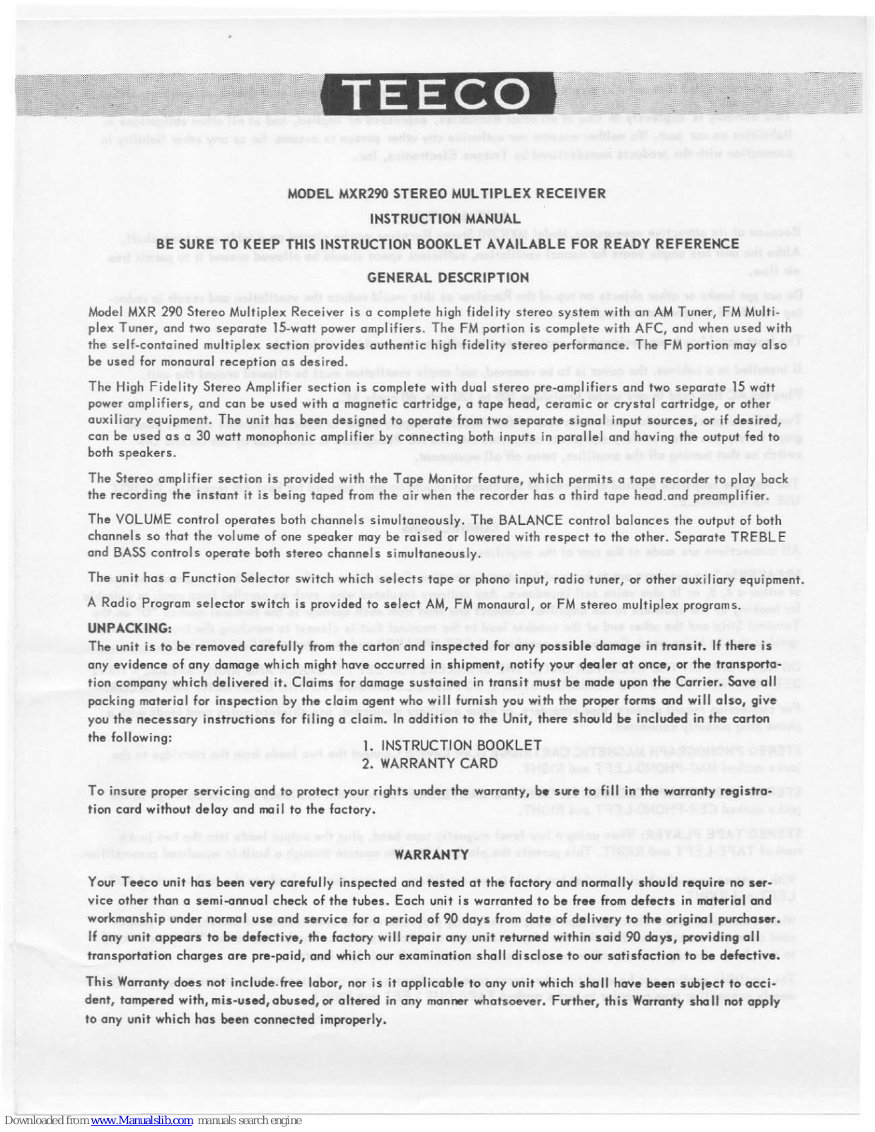 TEECO MXR290 Instruction Manual - ManualMachine.com