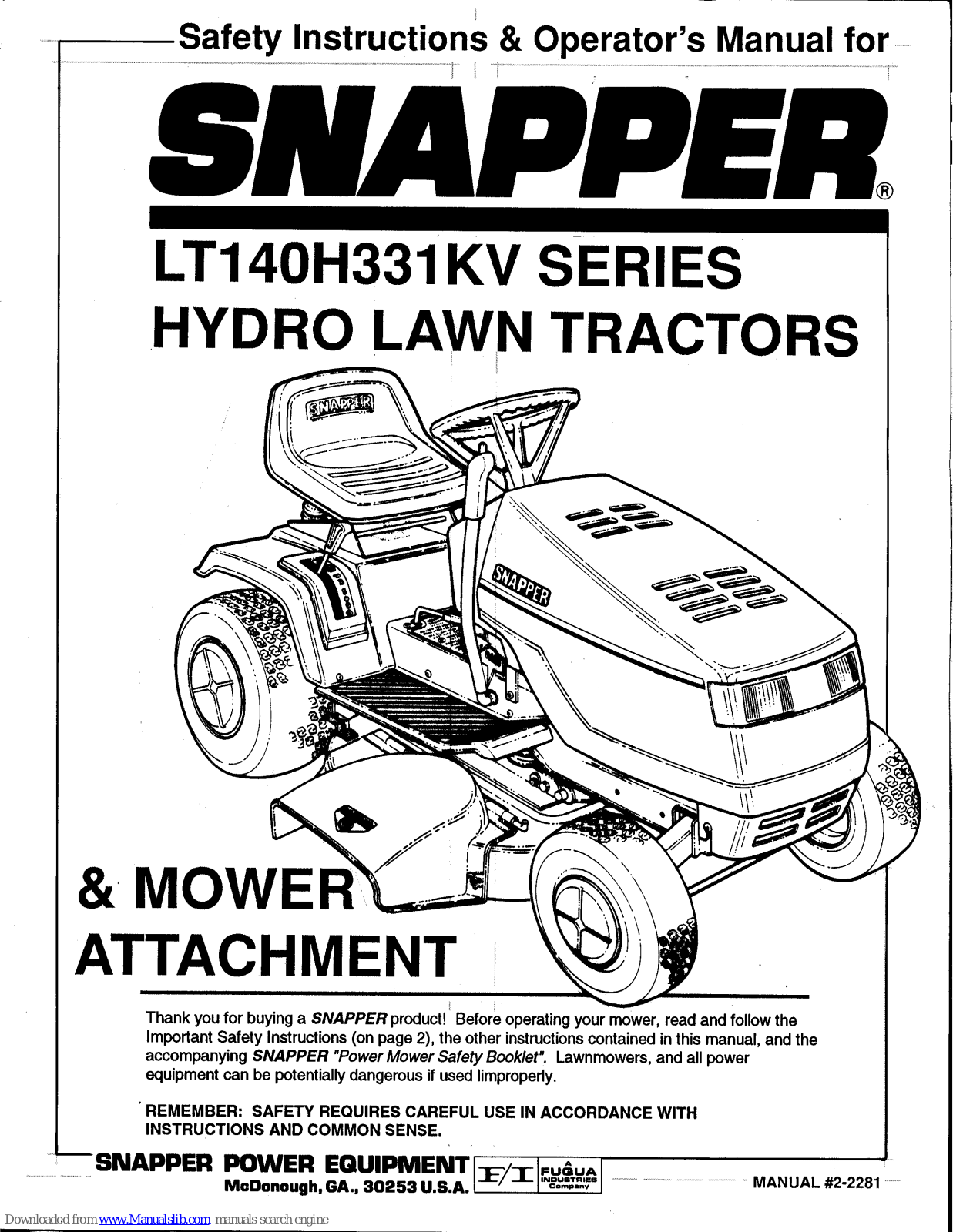 Snapper LT140H331KV Series Safety Instructions & Operator's Manual