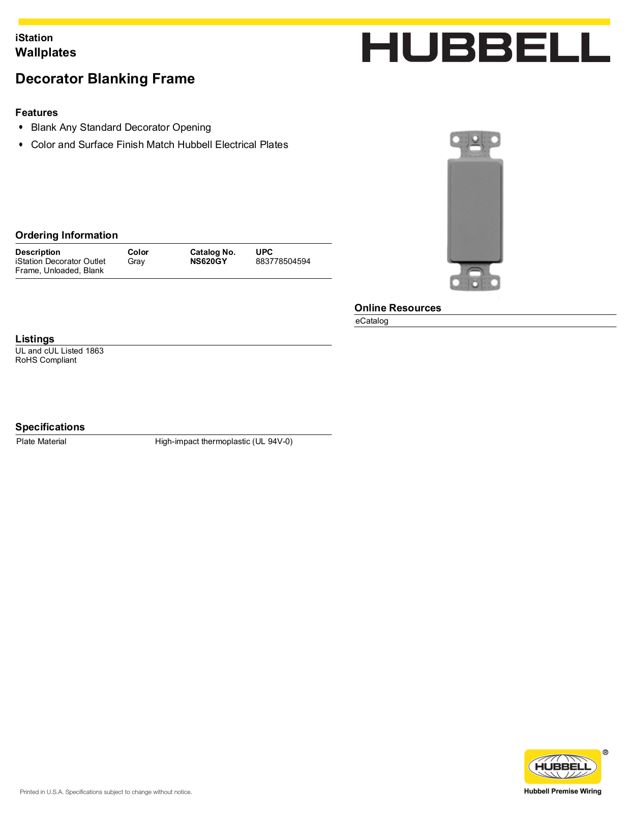 Hubbell NS620GY Specifications