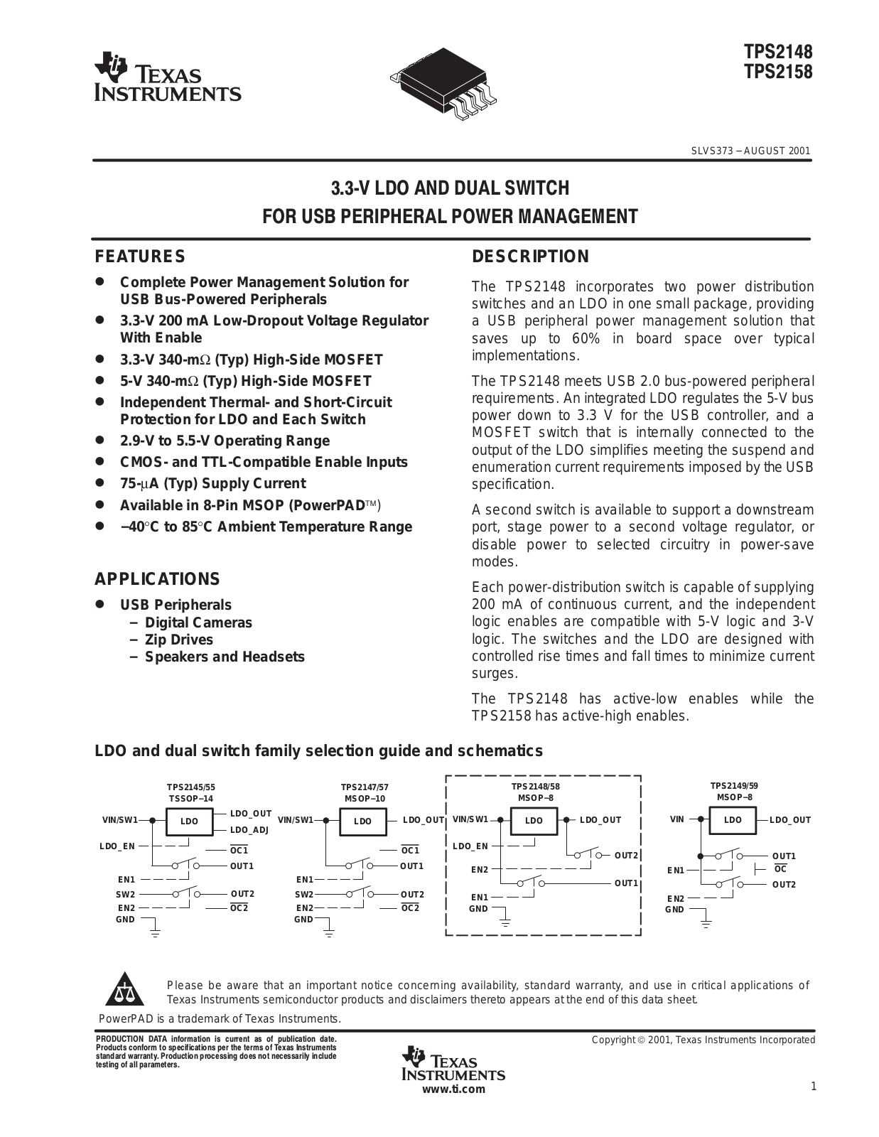 TEXAS INSTRUMENTS TPS2148, TPS2158 Technical data