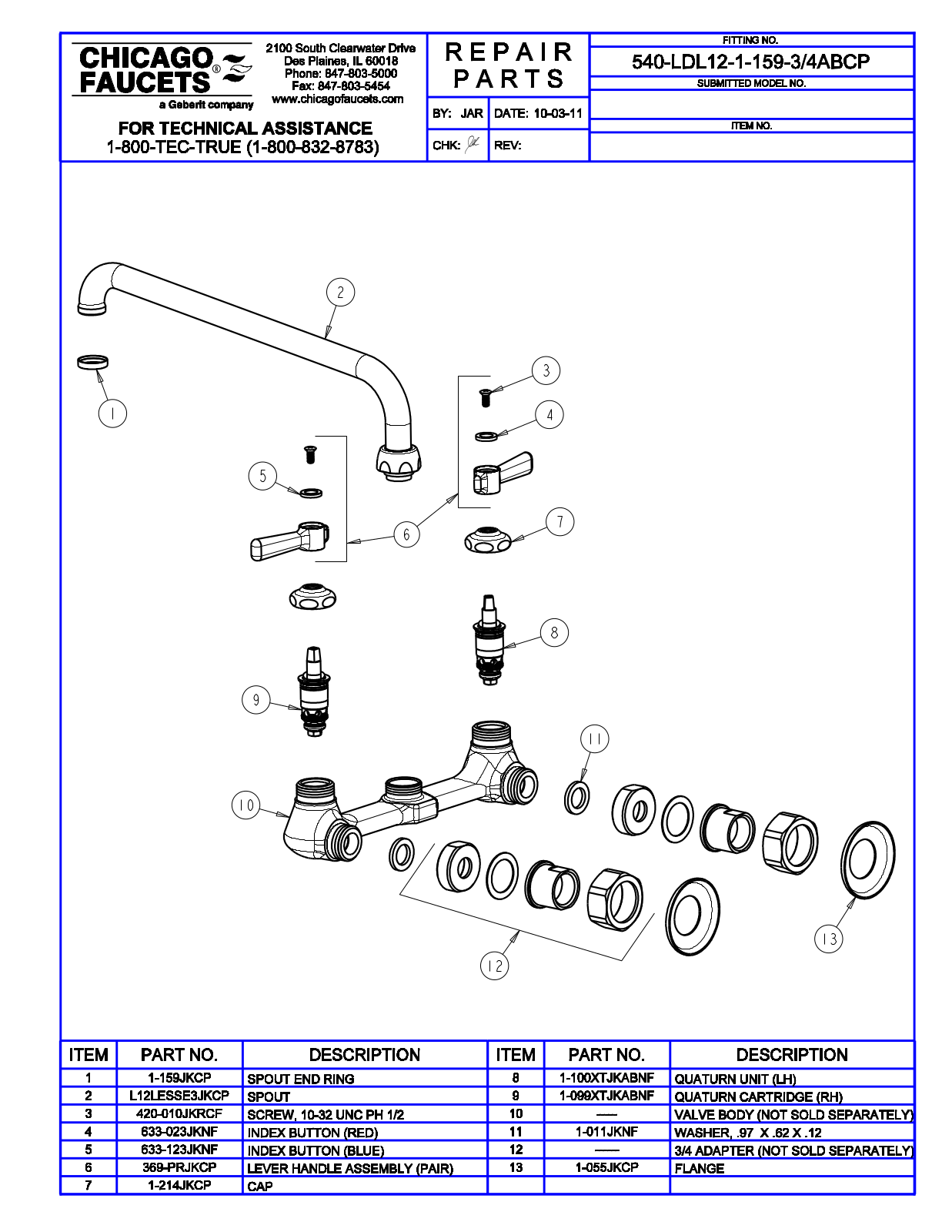 Chicago Faucet 540-LDL12-1-159-3-4ABCP Parts List