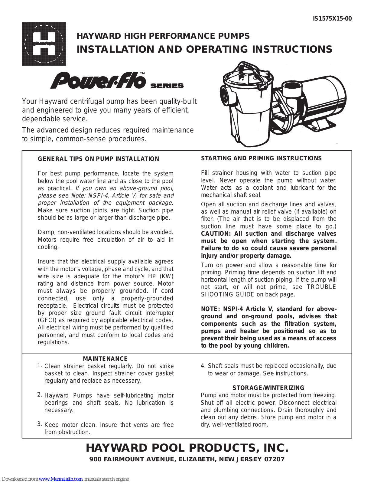 Hayward Power-Flo LX, Power-Flo, Power-Flo SP1575X15, Power-Flo SP1500 Installation And Operating Instructions Manual