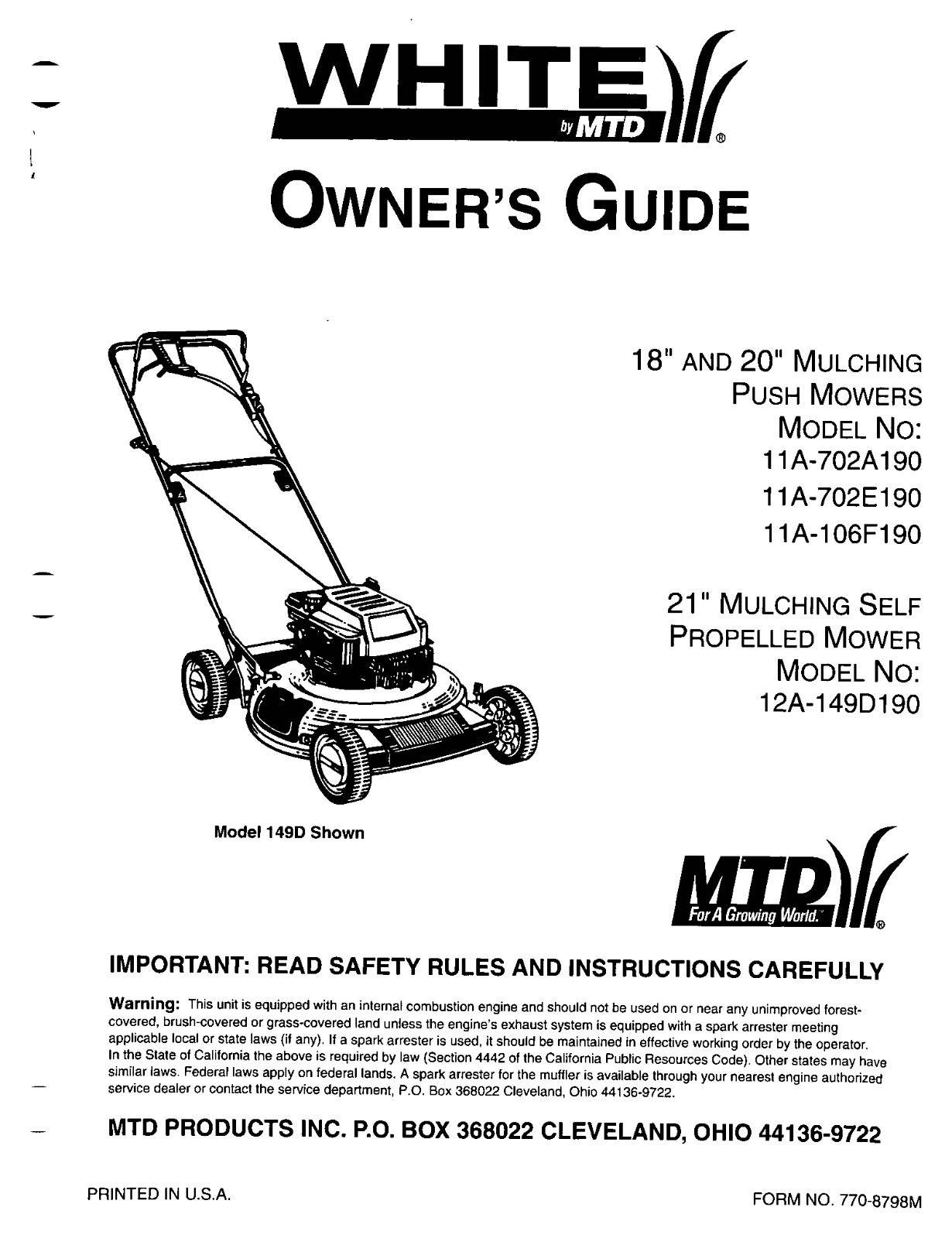 White 11A-702A190, 11A-702E190, 12A-149D190, 11A-106F190 User Manual