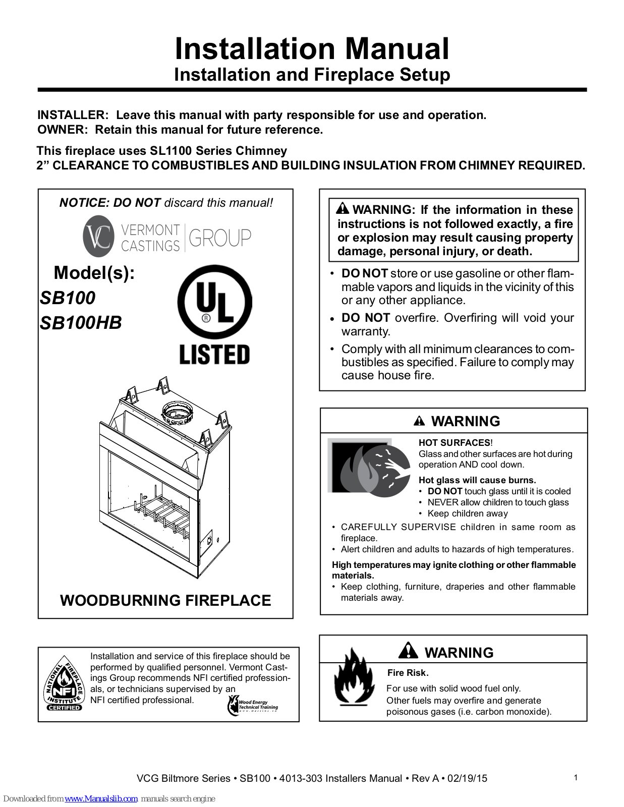 Vermont Castings SB100, SB100HB Installation Manual