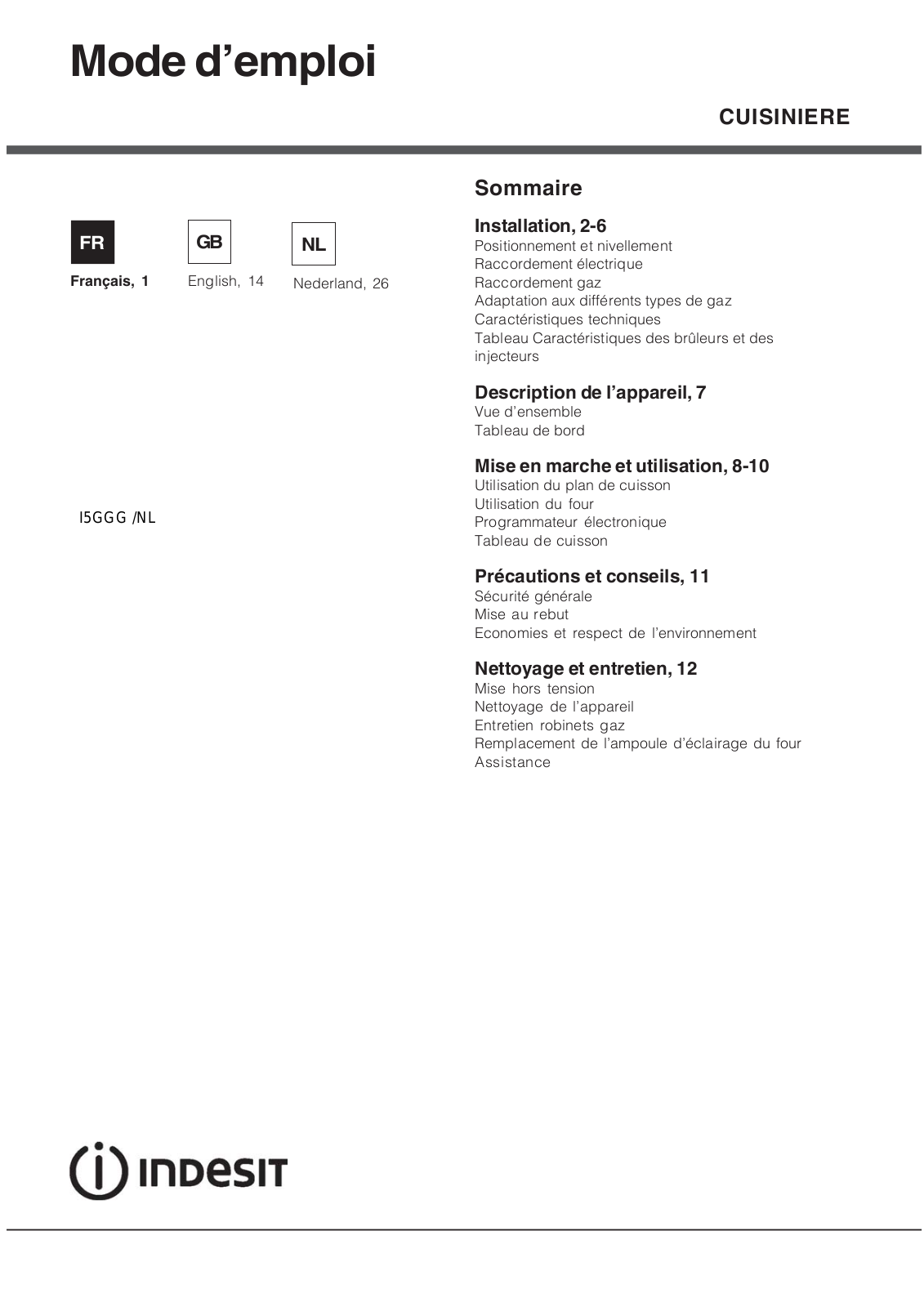 INDESIT I5GGG(W)/NL User Manual