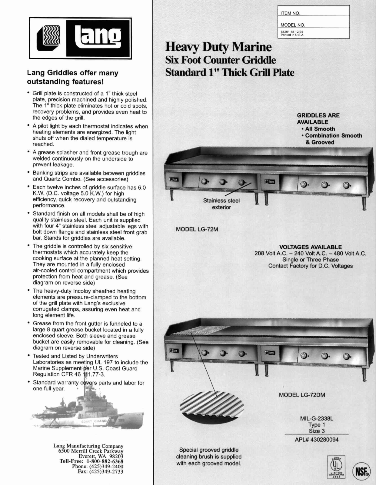 Lang Manufacturing LG-72M User Manual