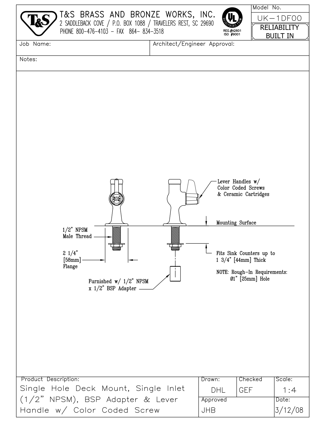 T&S Brass UK-1DF00 User Manual