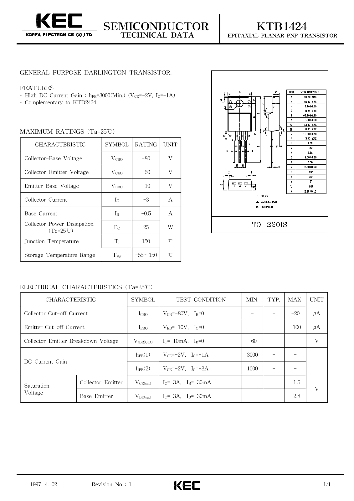 KEC KTB1424 Datasheet