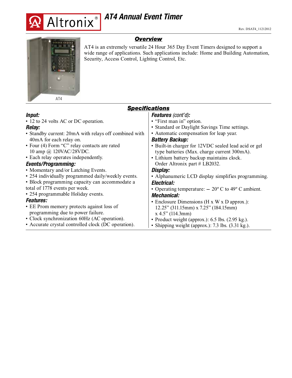 Altronix AT4 Specsheet