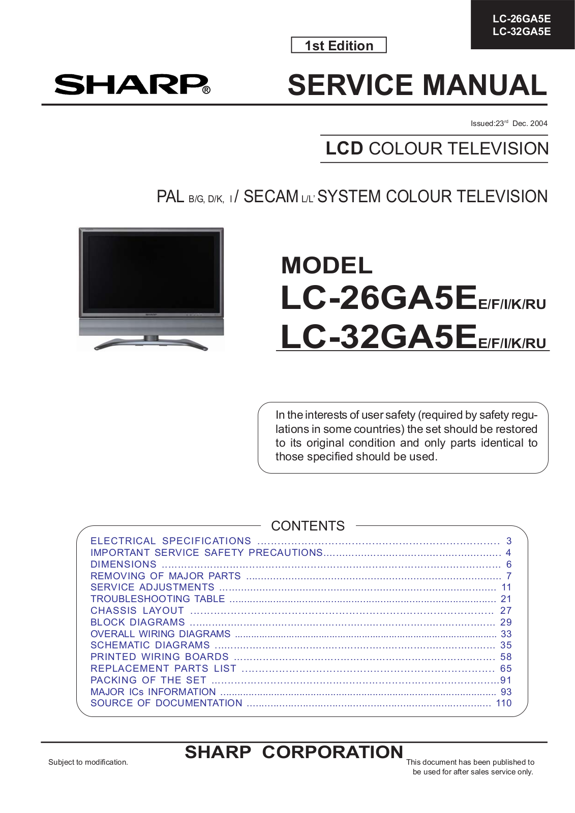 SHARP LC-26GA5E, LC-32GA5EE, LC-32GA5F, LC-32GA5I, LC-32GA5K Service Manual