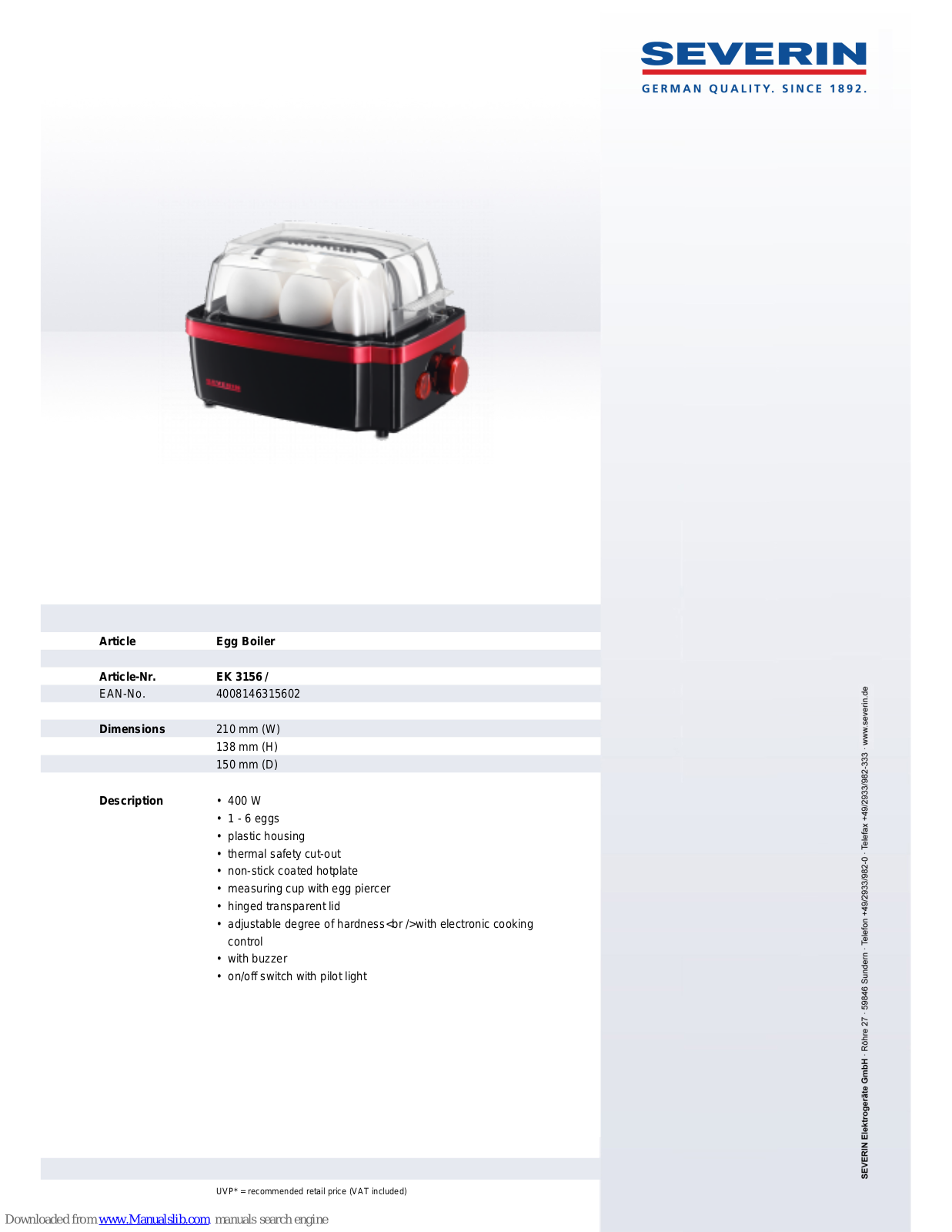 SEVERIN EIERKOCHER EK 3156, EK 3156 Dimensions