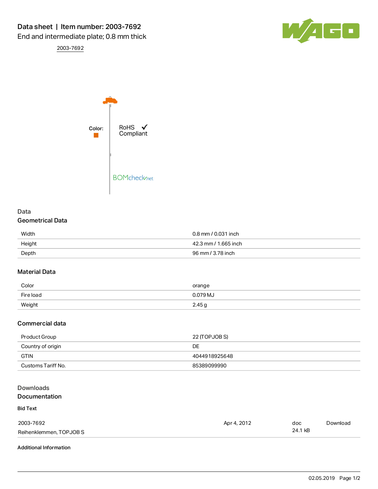 Wago 2003-7692 Data Sheet