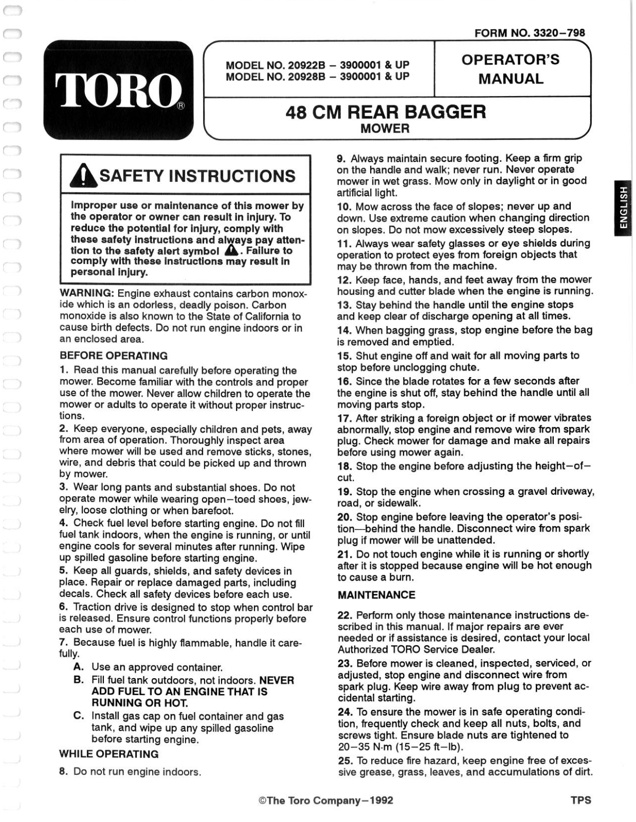 Toro 20922B, 20928B Operator's Manual