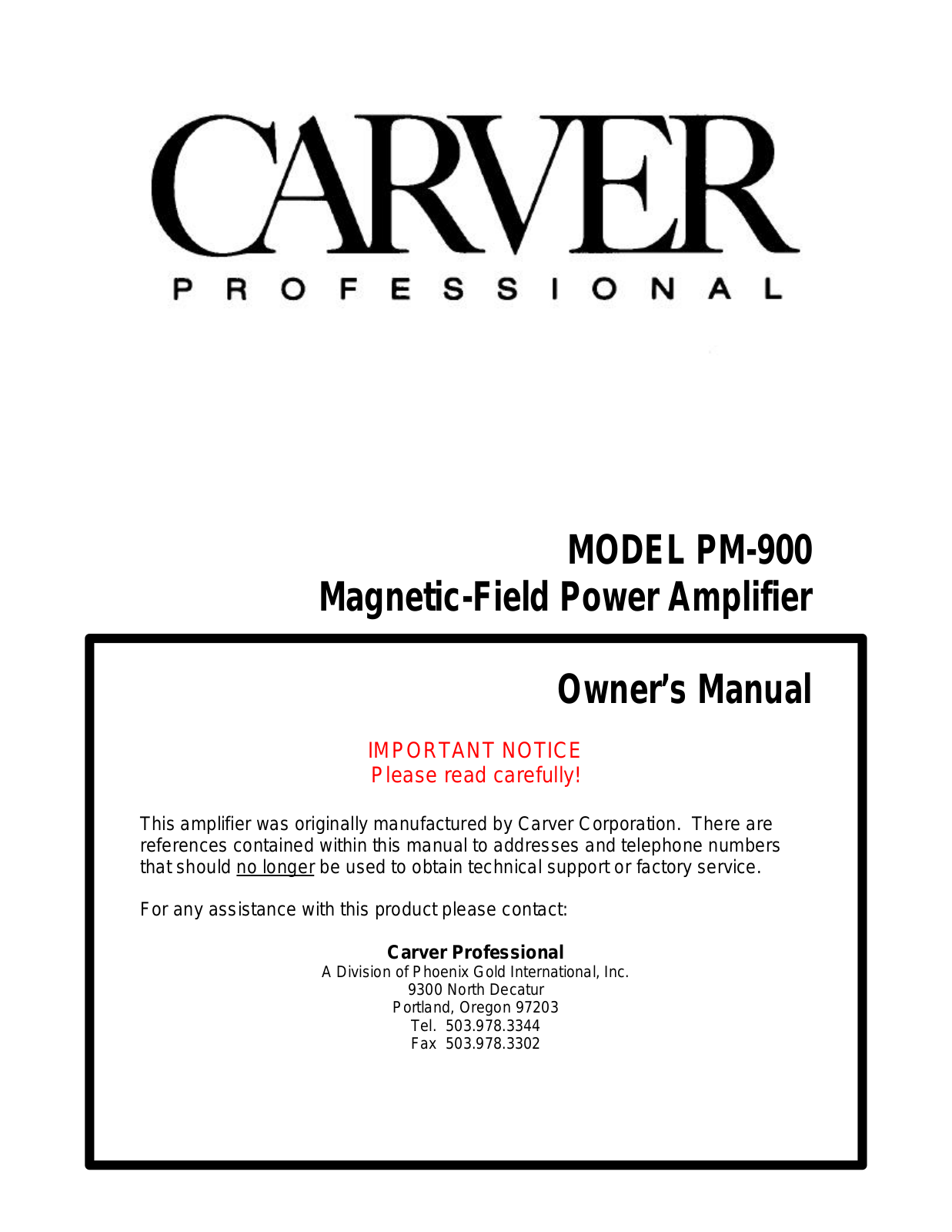 Carver Professional PM-900 Owners manual