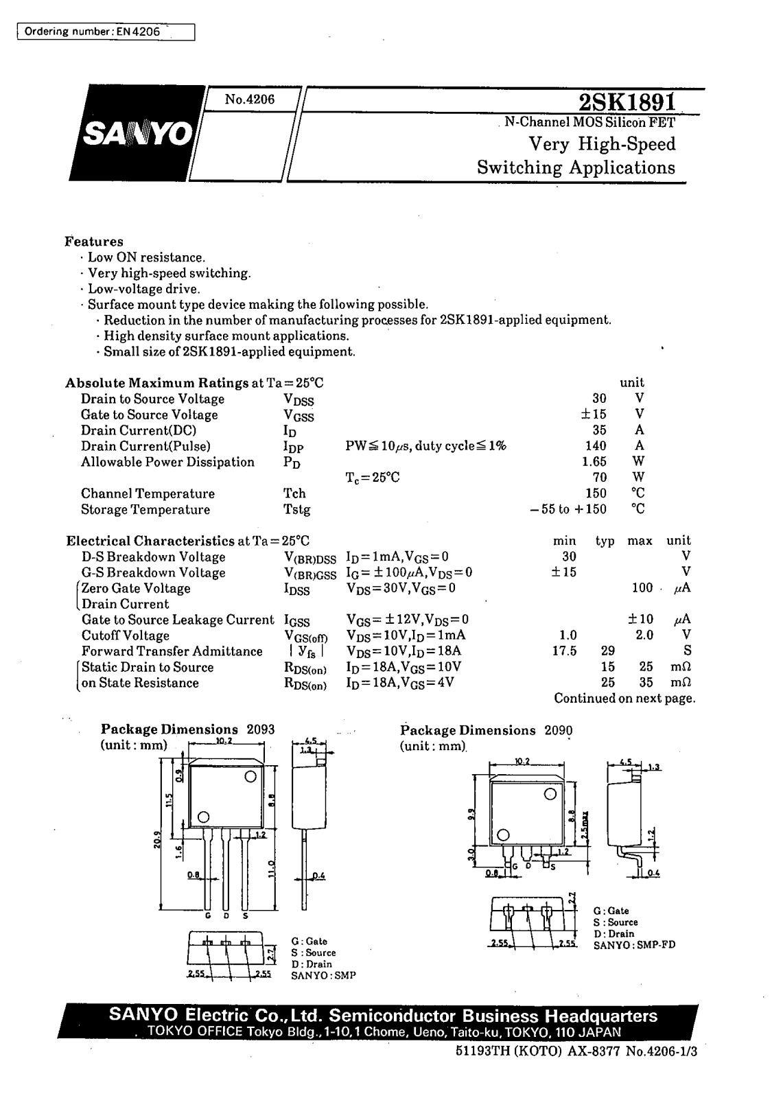 SANYO 2SK1891 Datasheet