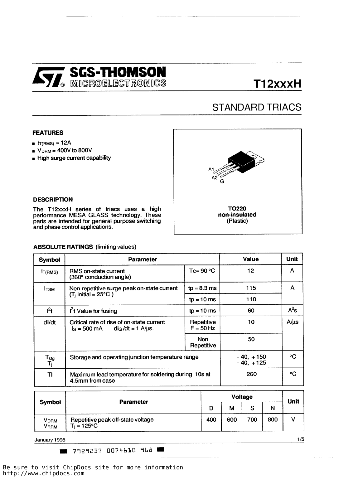 SGS Thomson Microelectronics T1213SH, T1213NH, T1213DH, T1213MH, T1212SH Datasheet