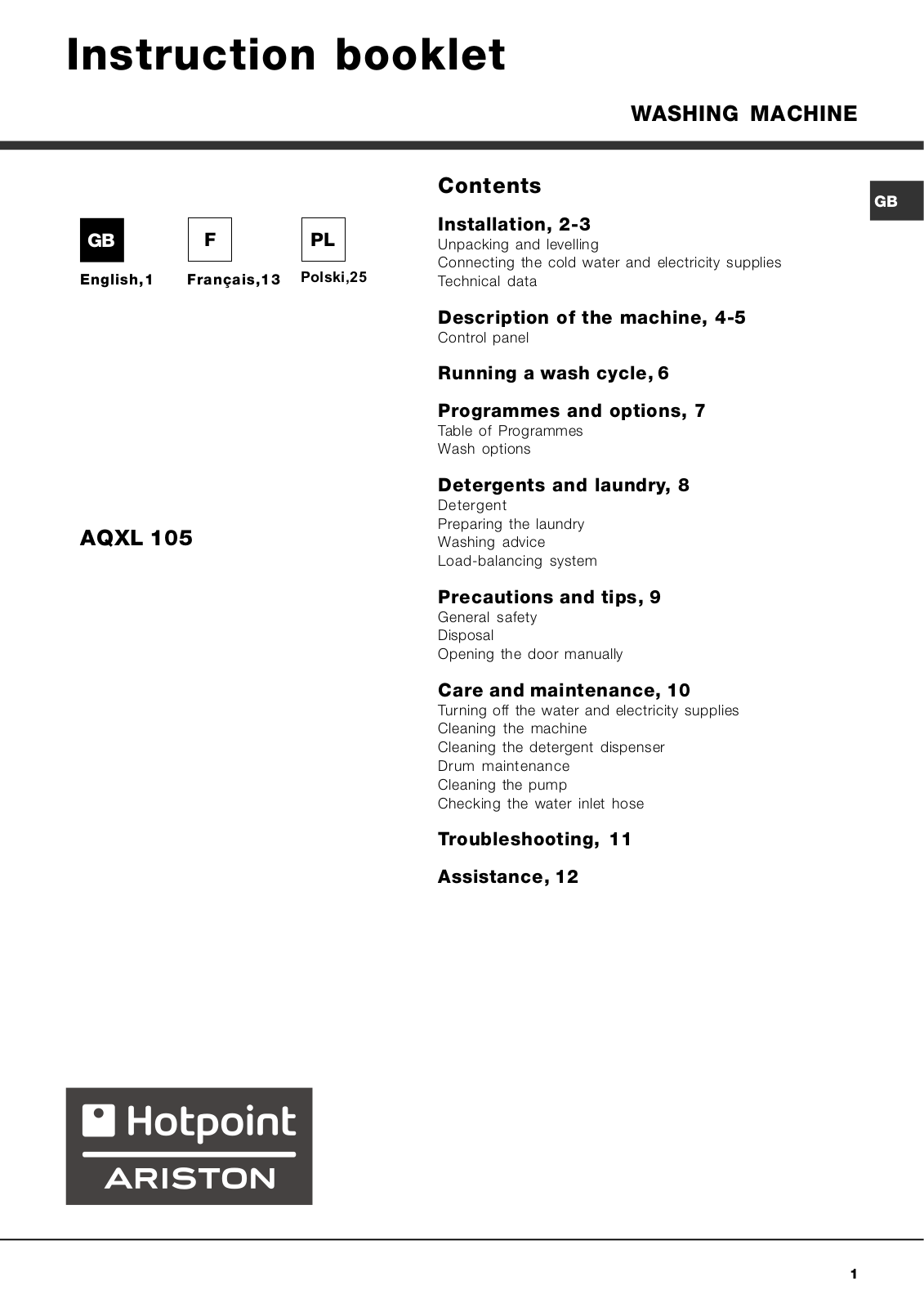 Hotpoint AQXL 105 User Manual