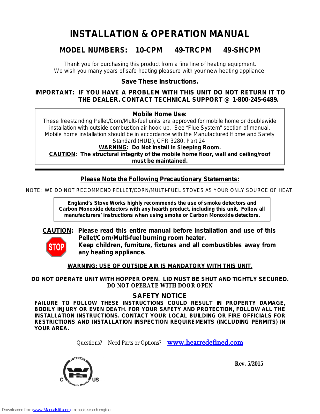 Englander 10-CPM, 49-SHCPM, 49-TRCPM Installation & Operation Manual