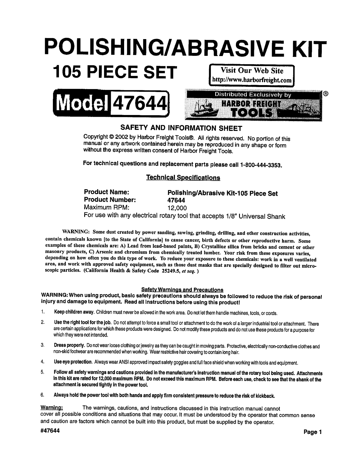 Harbor Freight Tools 47644 User Manual