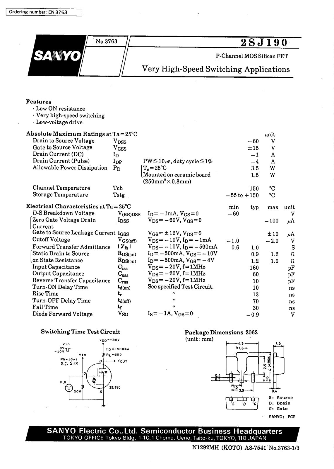 SANYO 2SJ190 Datasheet