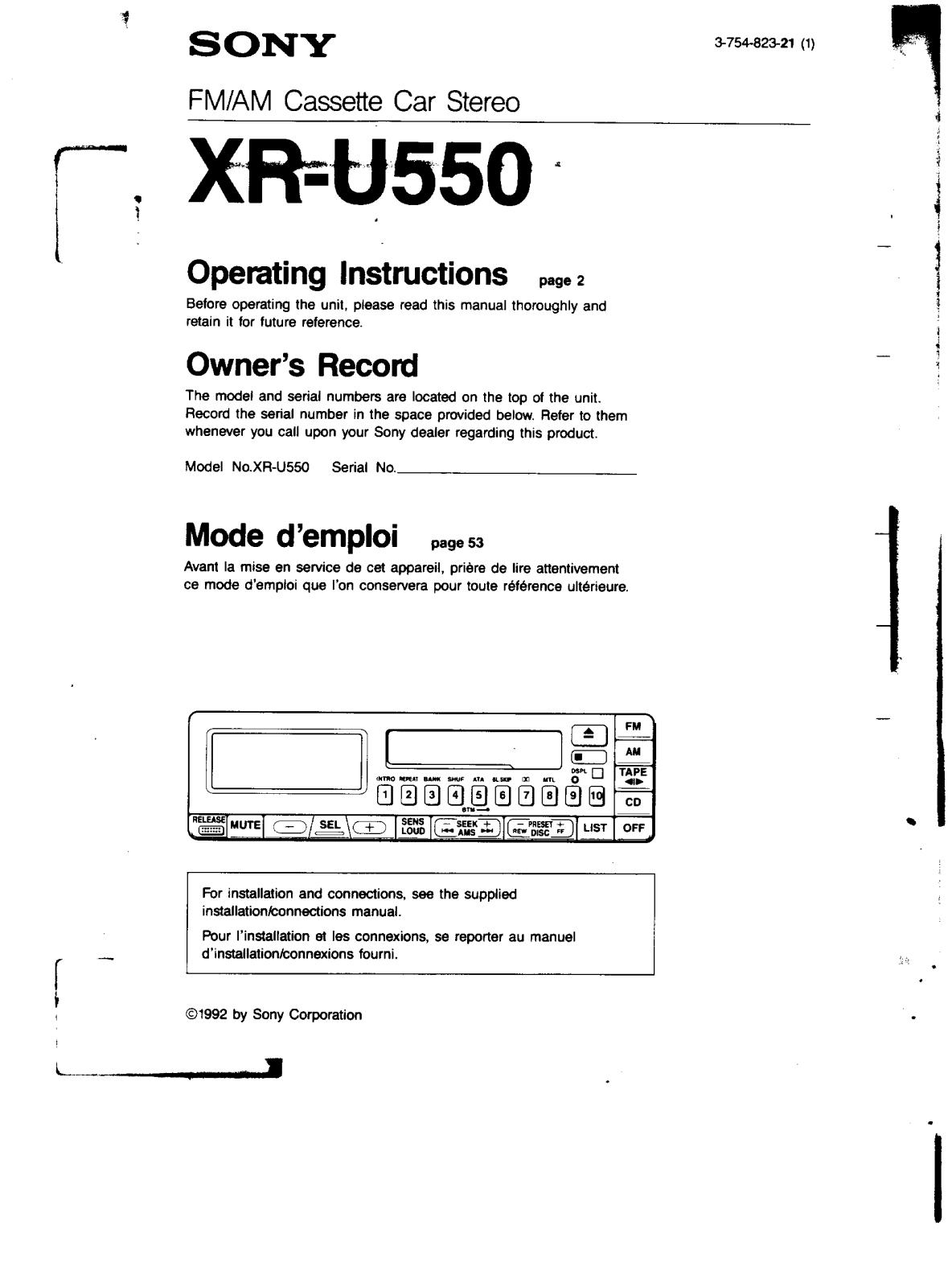 Sony XR-U550 Operating Manual