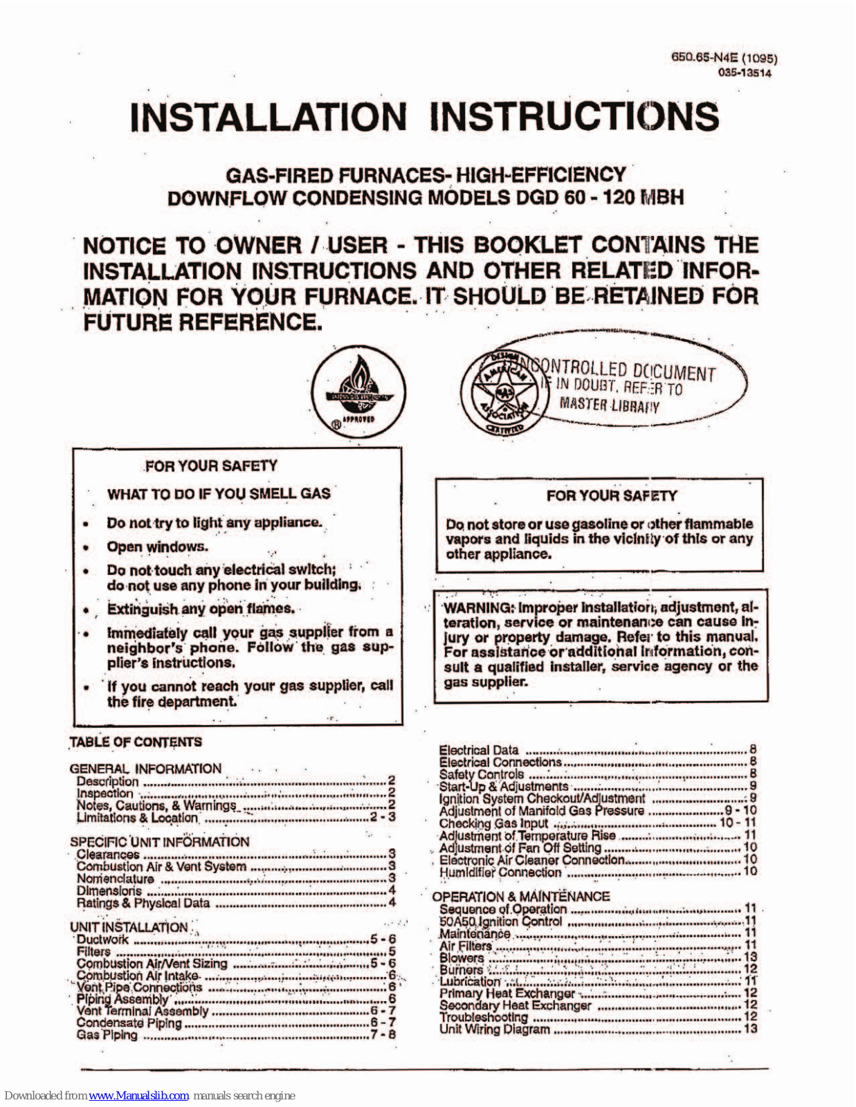 Evcon DGD 60 MBH, DGD 120 MBH Installation Instructions Manual