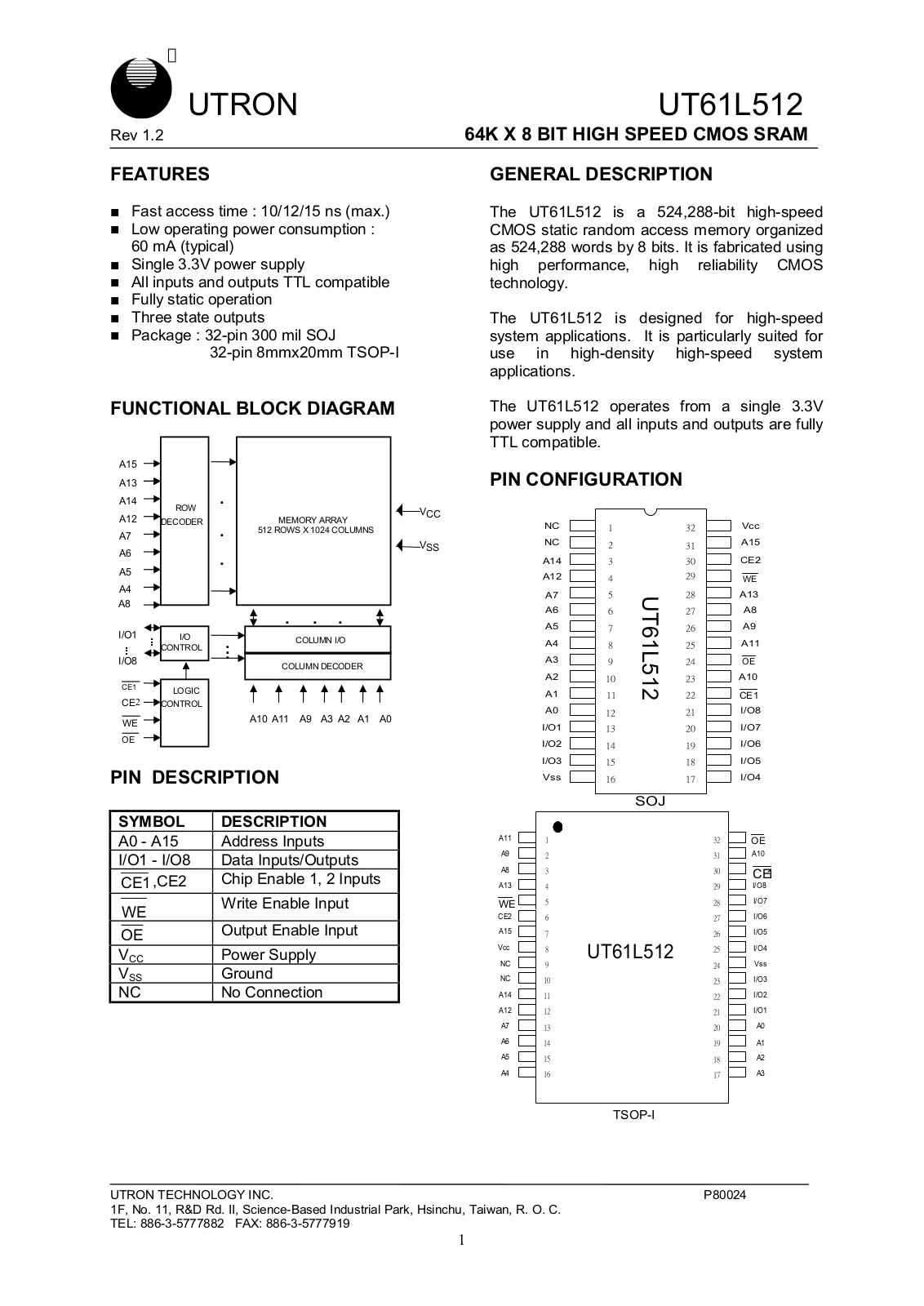 UTRON UT61L512LC-15, UT61L512LC-12, UT61L512LC-10, UT61L512JC-15, UT61L512JC-12 Datasheet