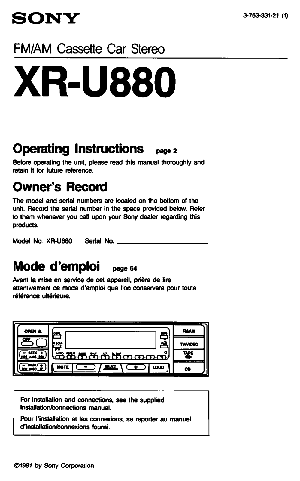 Sony XR-U880 User Manual