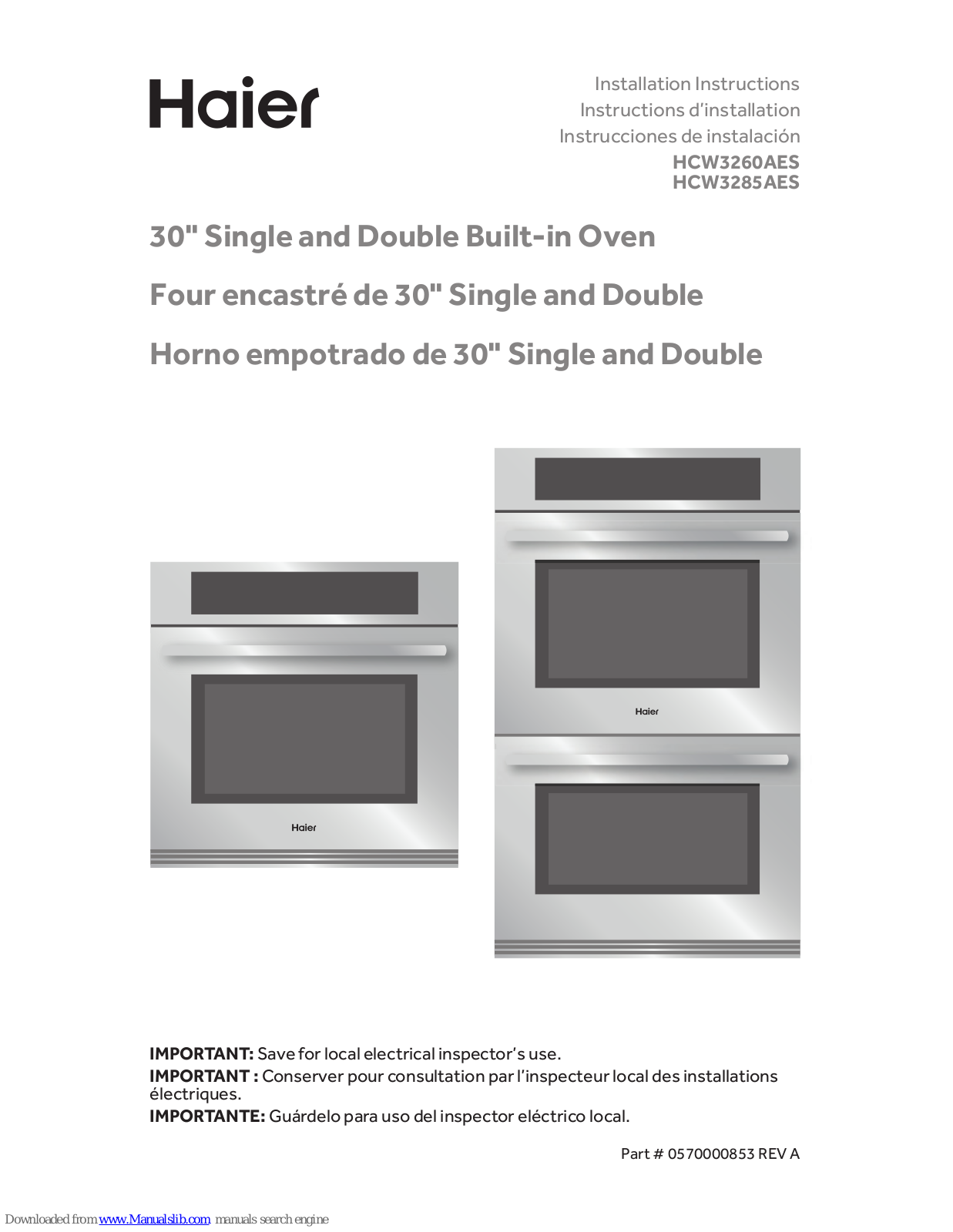 Haier HCW3260AES, HCW3285AES Installation Instructions Manual