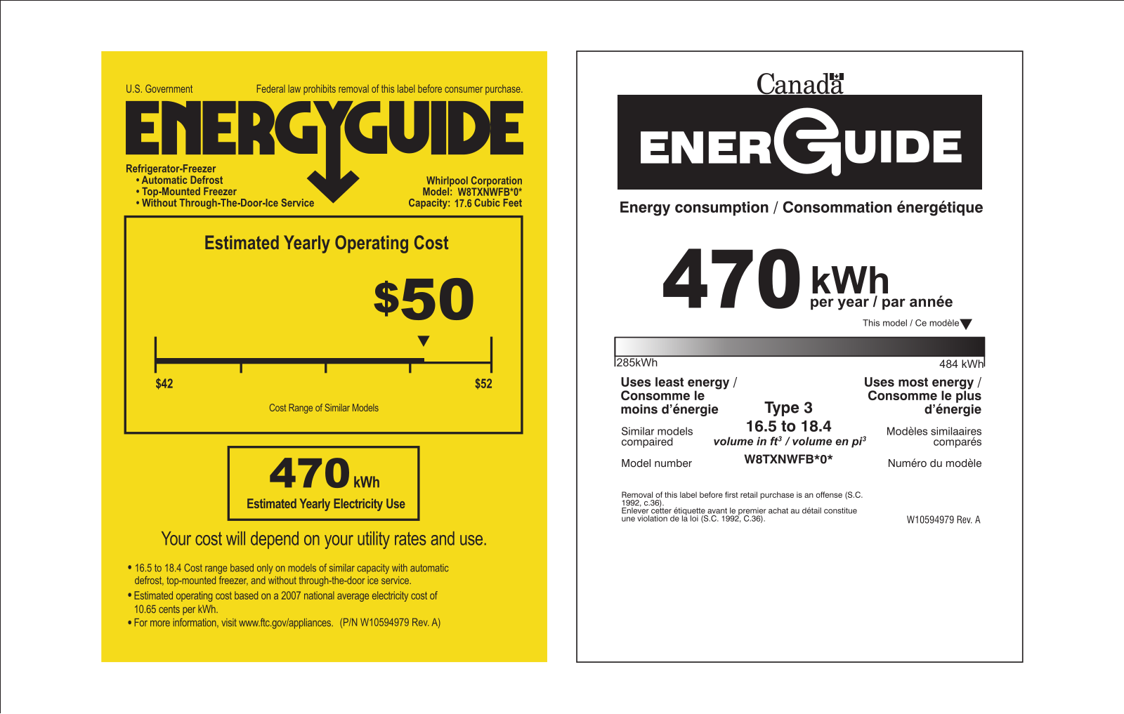 Whirlpool W8TXNWFBB Energy Guide