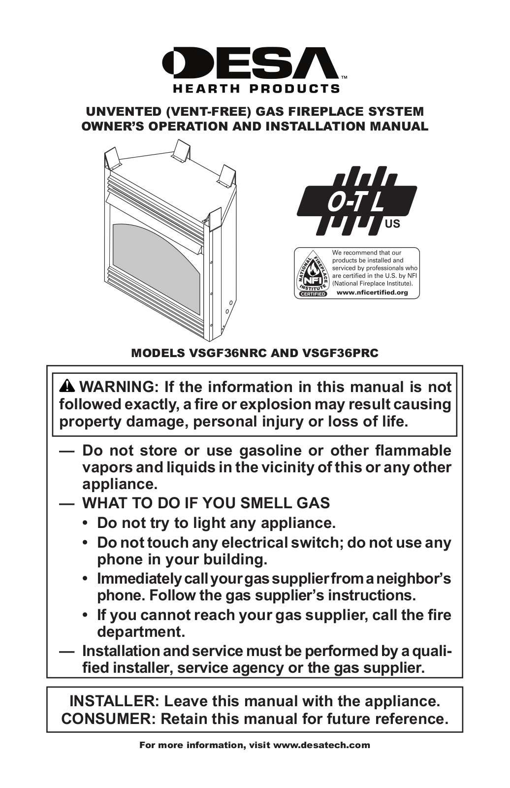 Desa VSGF36NRC, VSGF36PRC Owner's Operation And Installation Manual