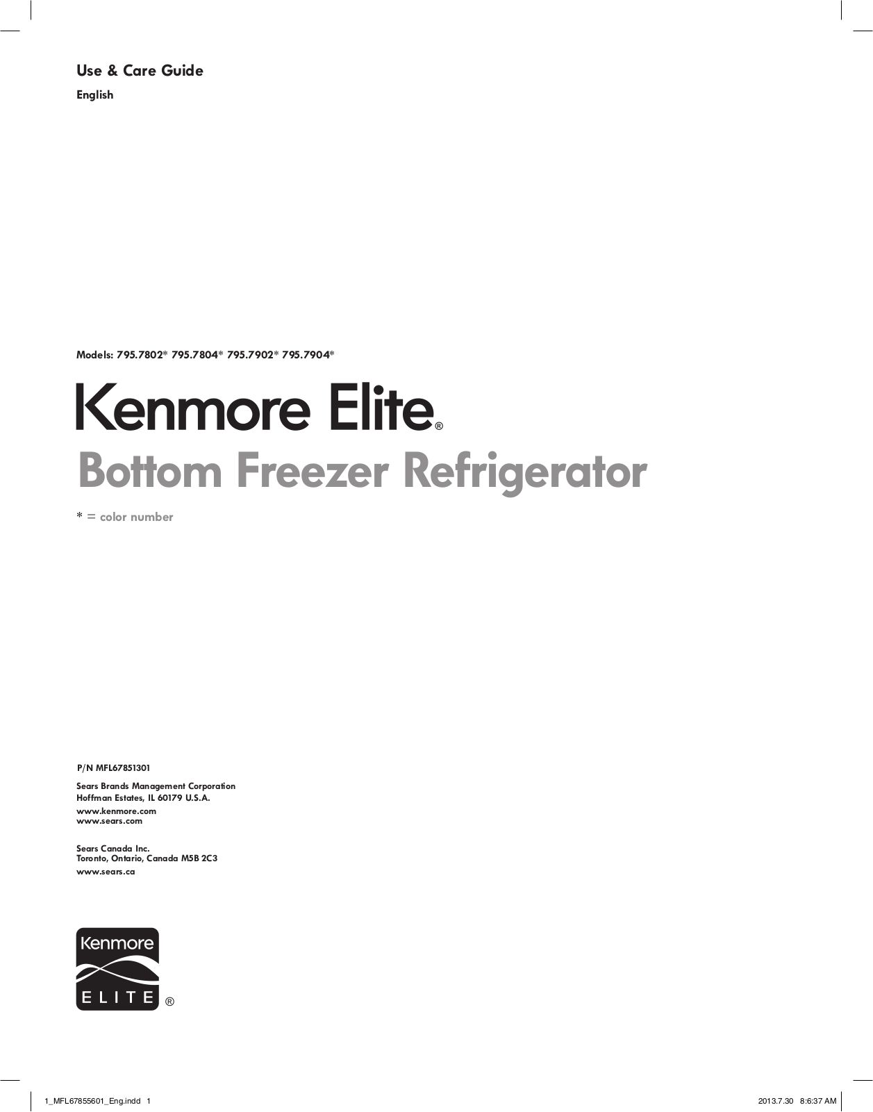 Kenmore Elite 24 cu. ft. Bottom-Freezer Refrigerator, Elite 22 cu. ft. Bottom-Freezer Refrigerator Owner's Manual