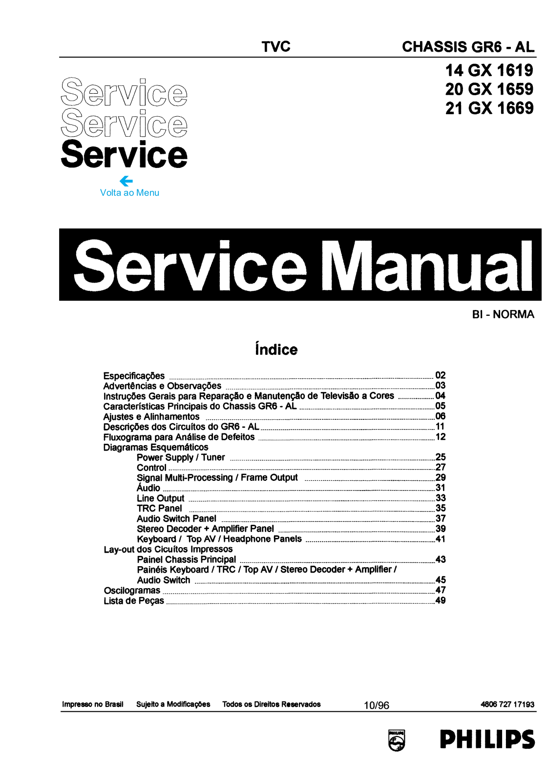 PHILIPS 14GX1619, 20GX1659, 21GX1669 Service Manual