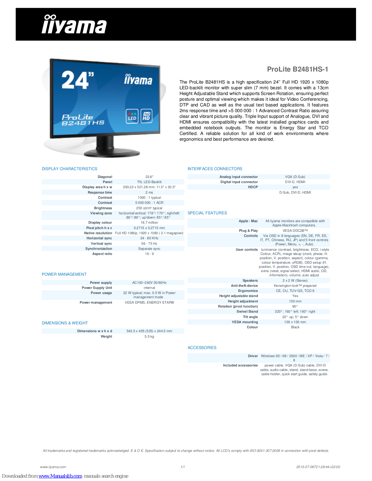 Iiyama ProLite B2481HS-1 Specification