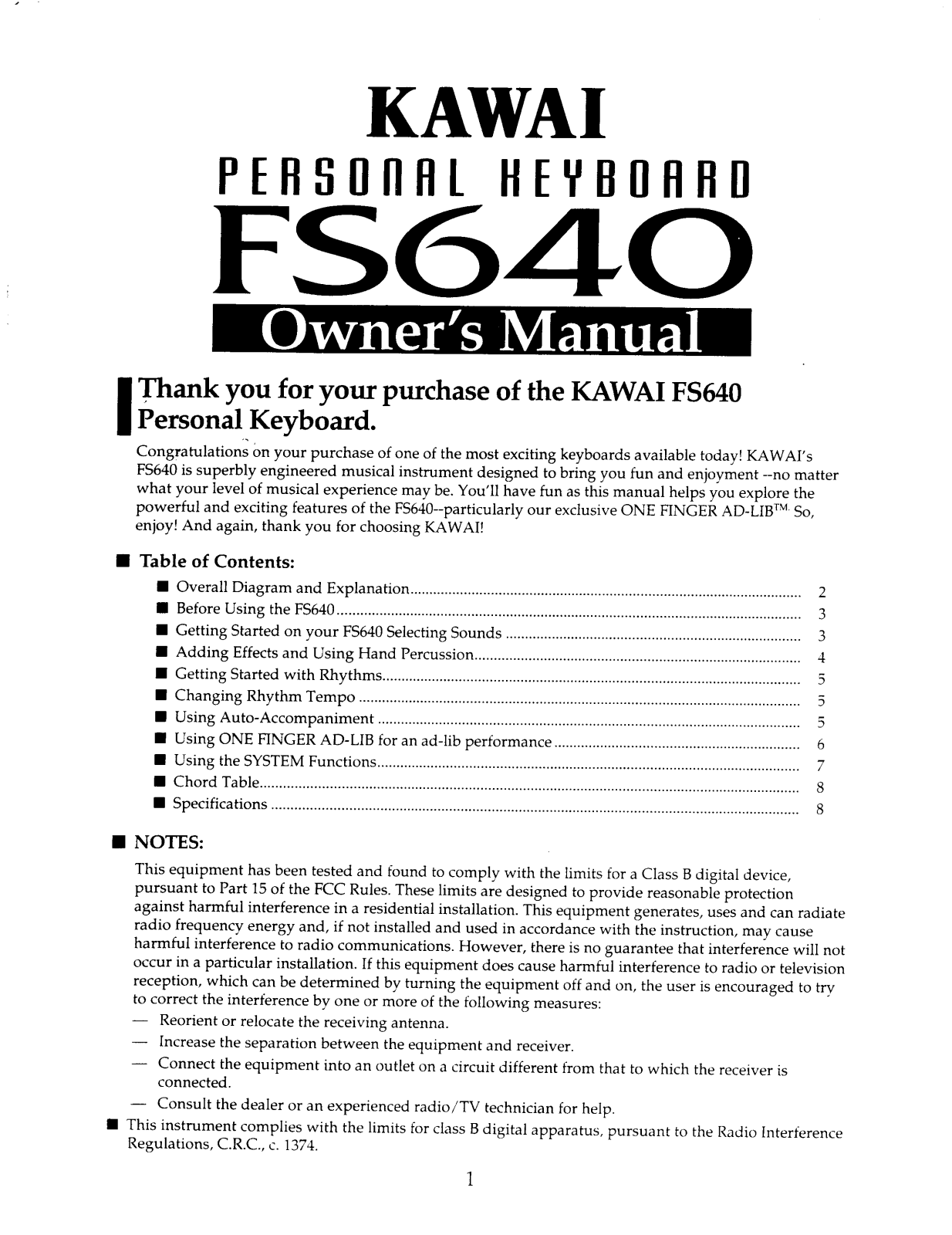 Kawai FS640 User Manual