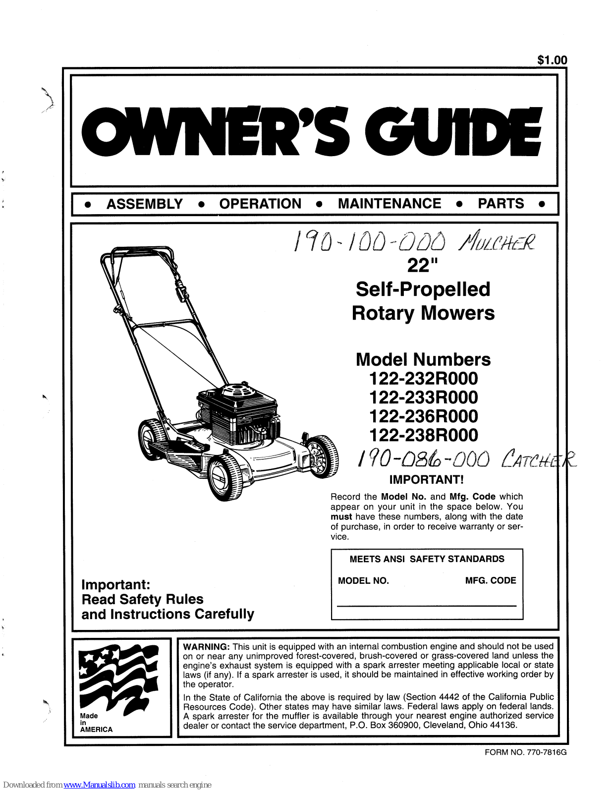 MTD 122-233R000, 122-238R000, 122-236R000, 190-086-000, 190-100-000 Owner's Manual