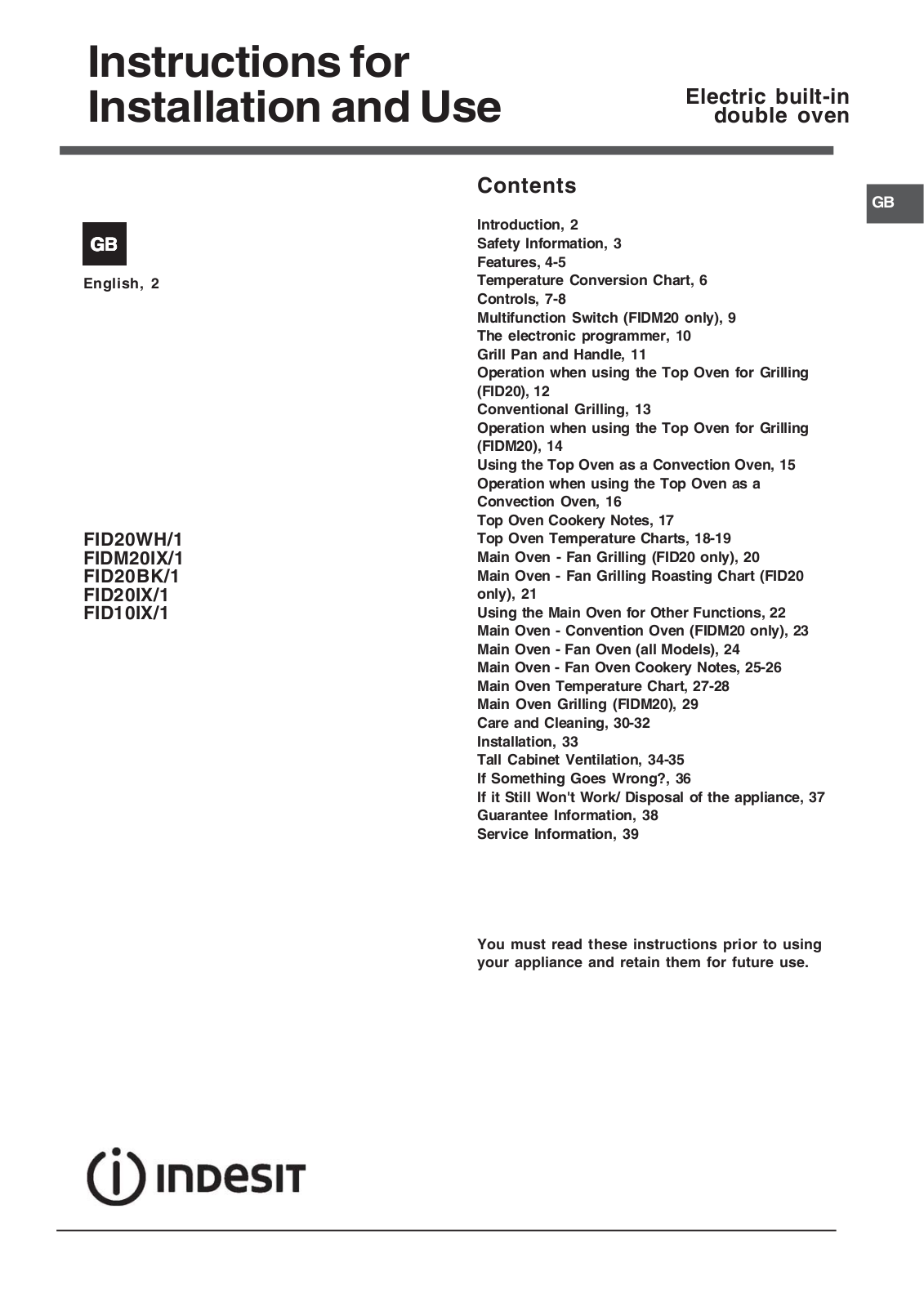 Indesit FID10IX-1, FID20IX-1 User Manual