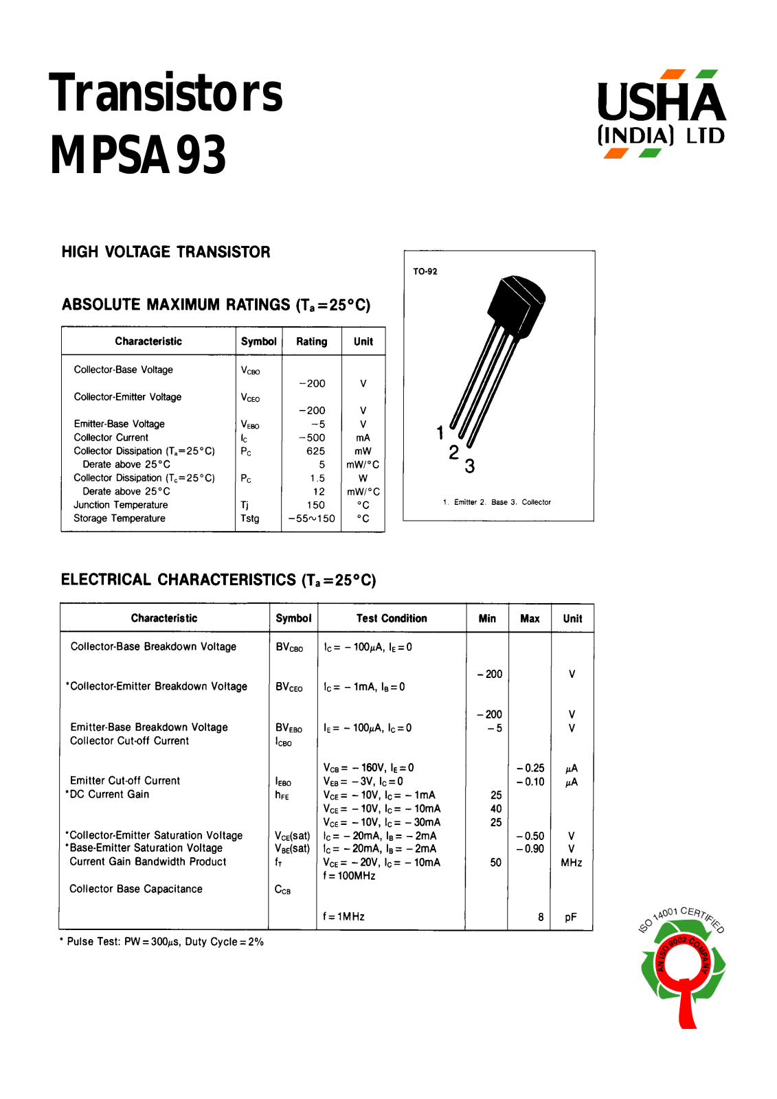 USHA MPSA93 Datasheet