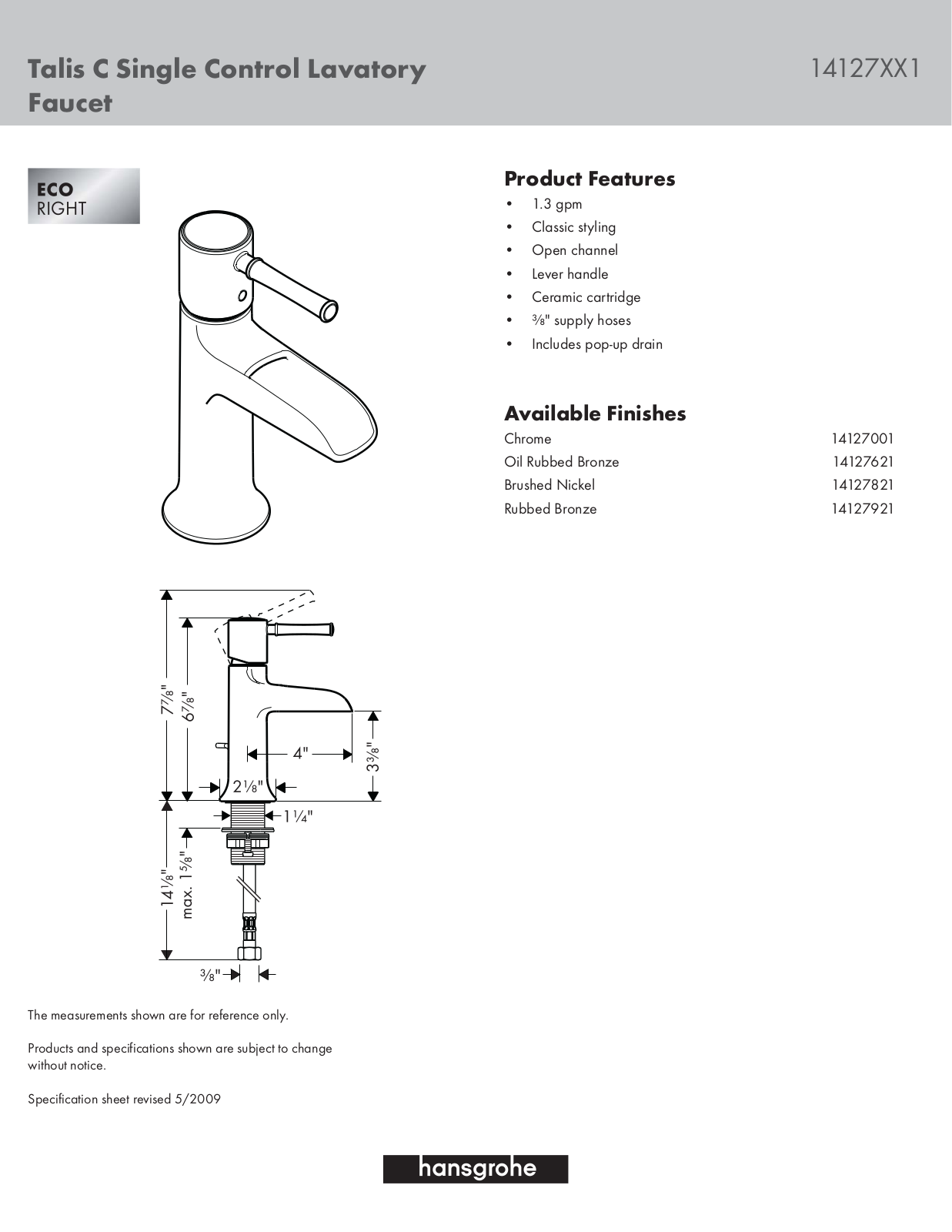 Hansgrohe 14127001 Specs