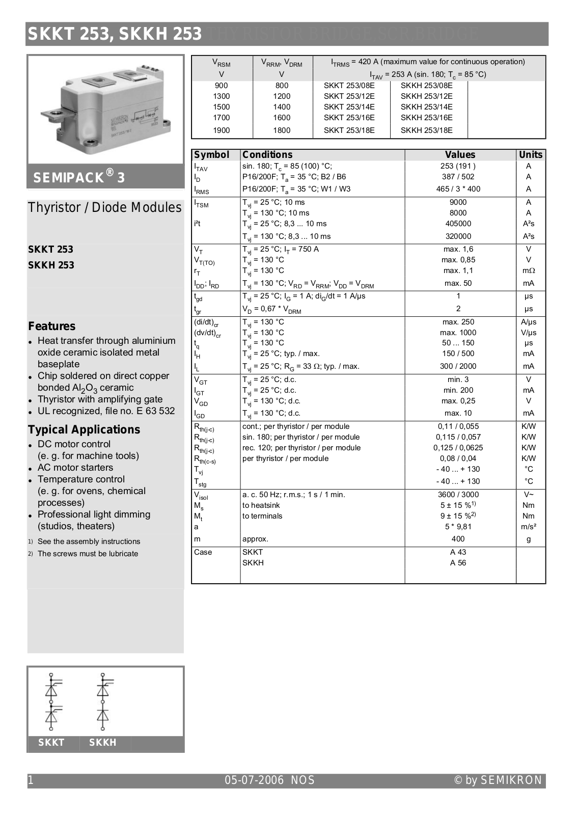 Semikron SKKT 253, SKKH 253 Data Sheet