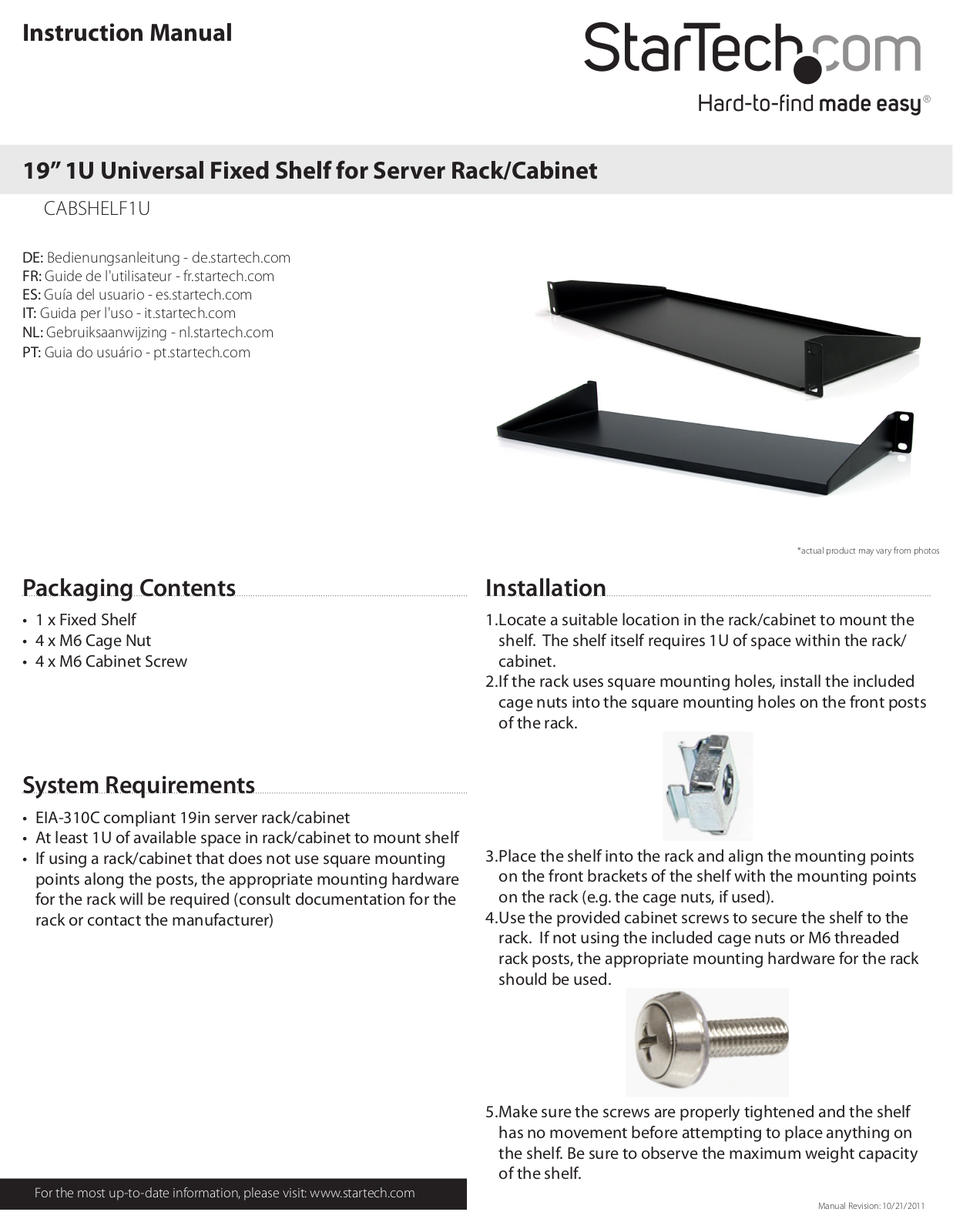 StarTech.com CABSHELF1U User Manual