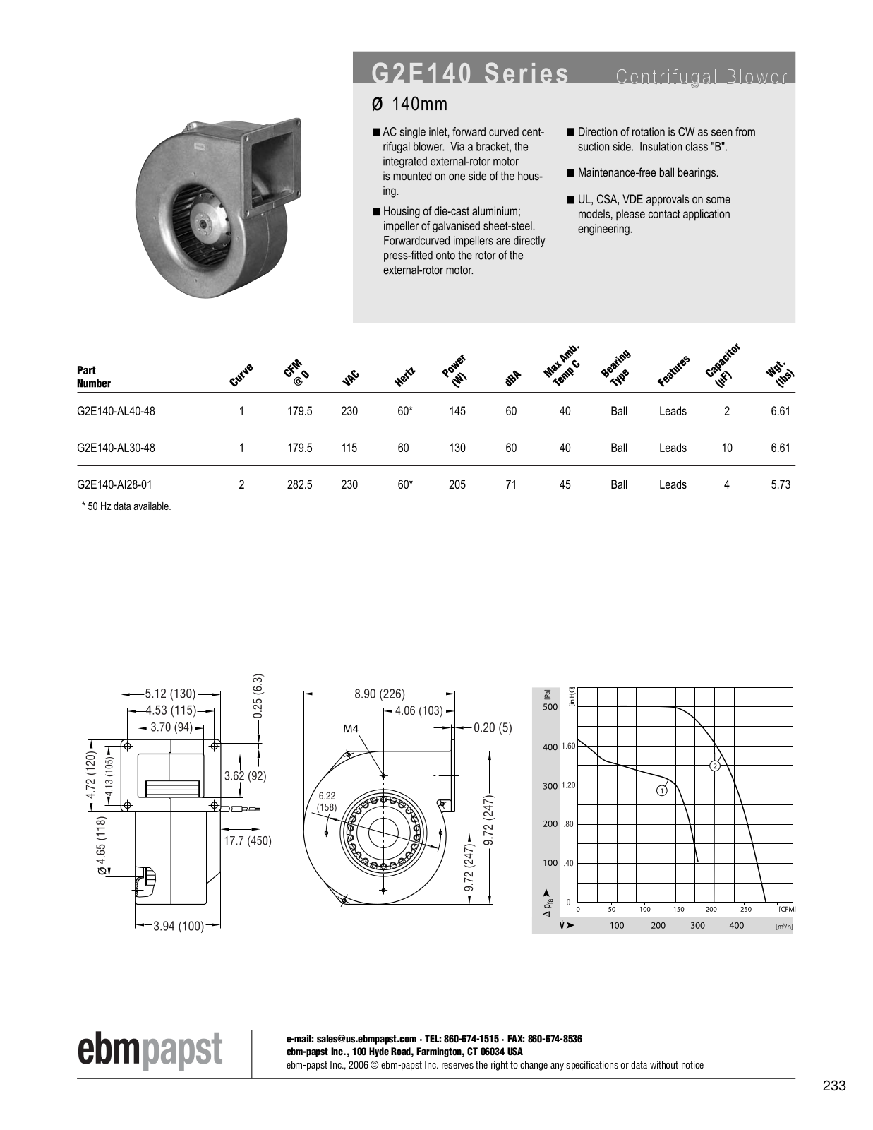 ebm-papst Centrifugal Blower Series G2E140 Catalog Page