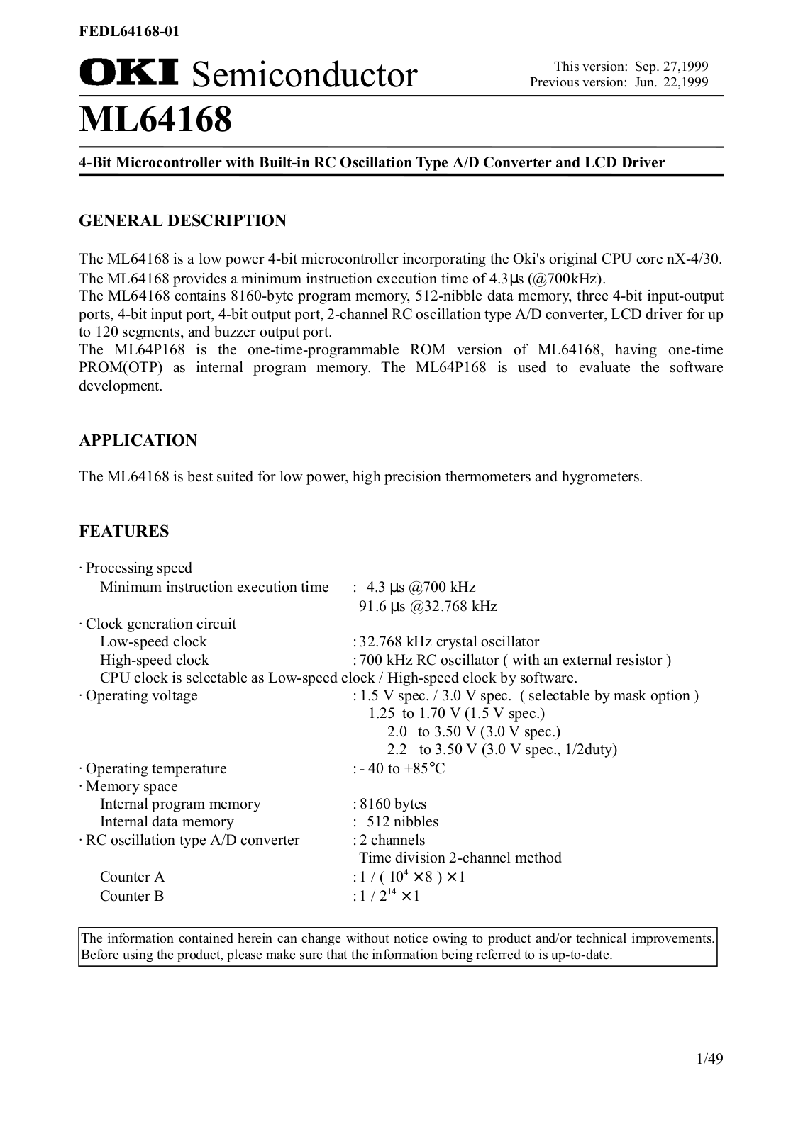 OKI ML64168-GA, ML64168-GP, ML64168-TB Datasheet