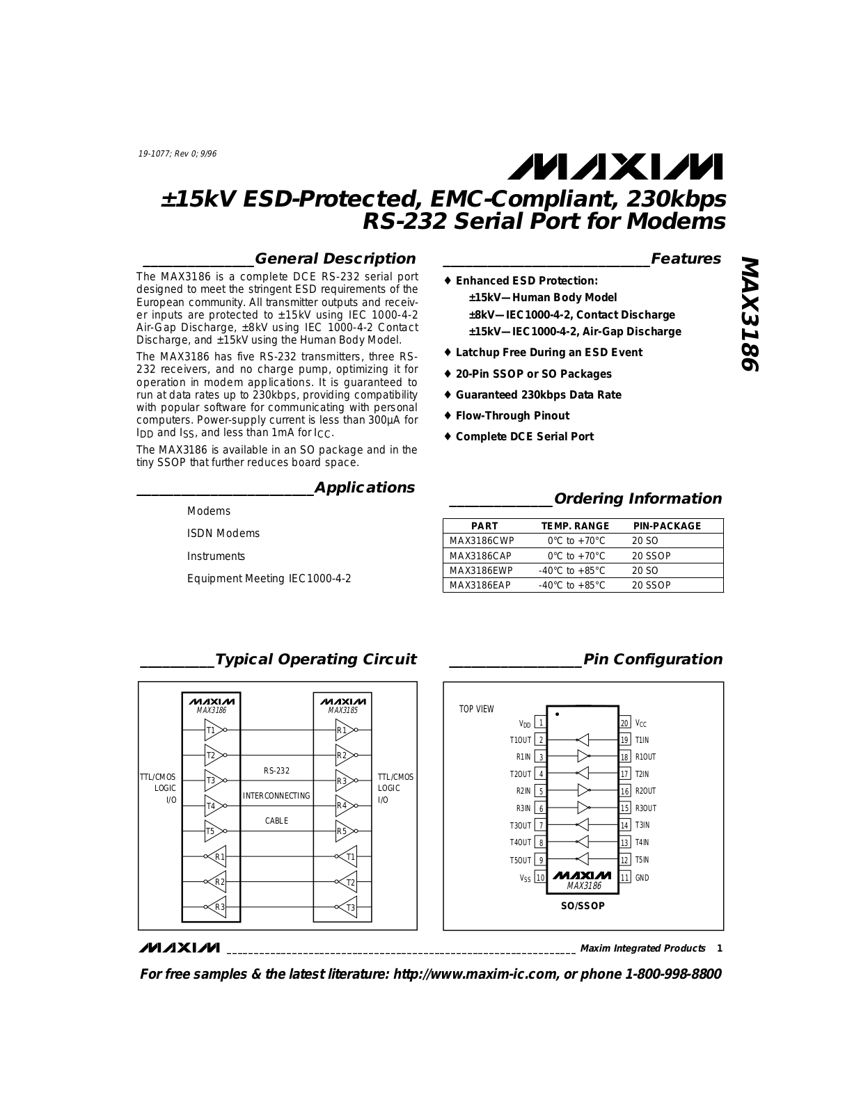 Maxim MAX3186CAP, MAX3186EWP, MAX3186CWP Datasheet