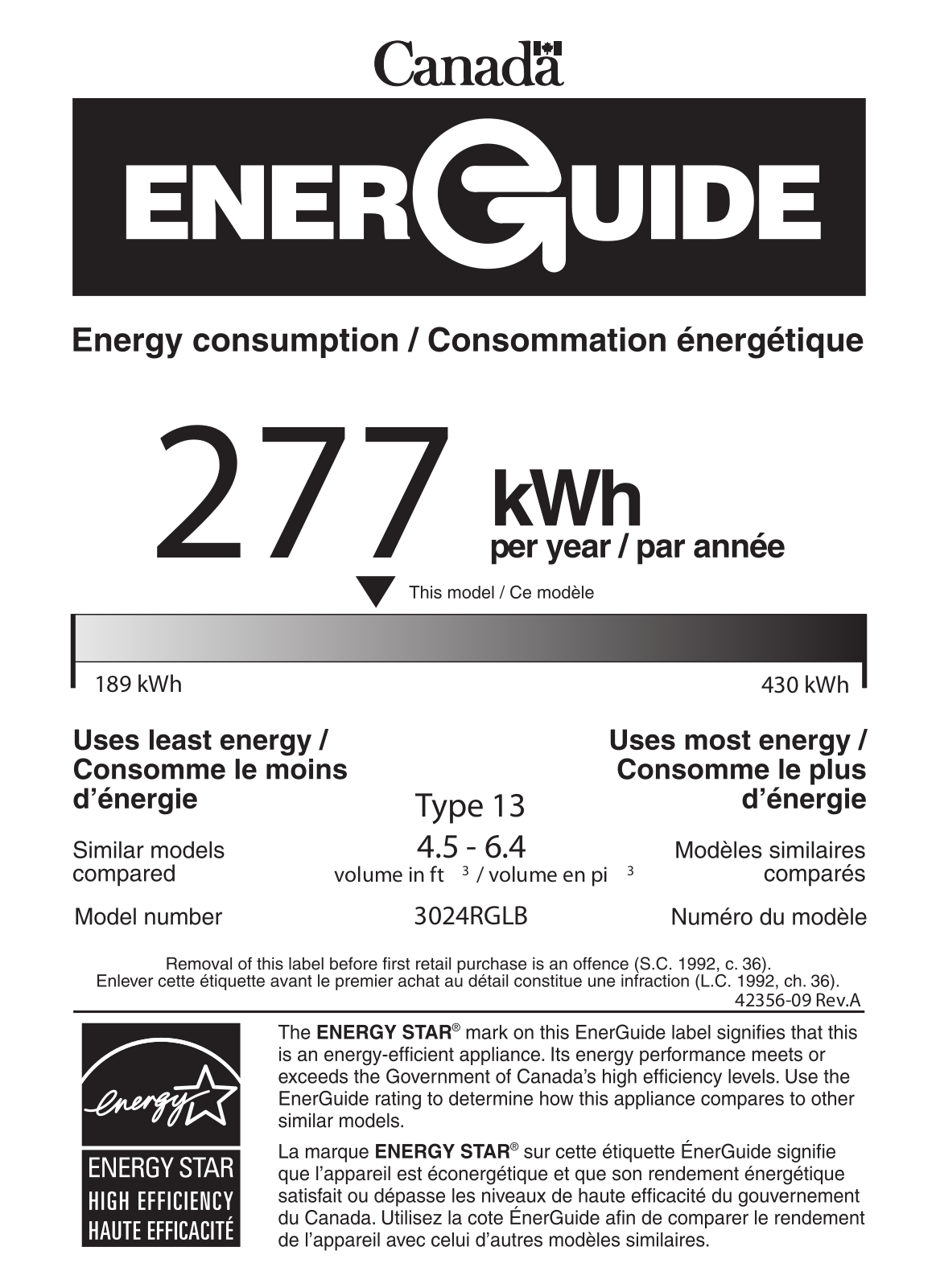 U-line U3024RGLS00B Energy Guide