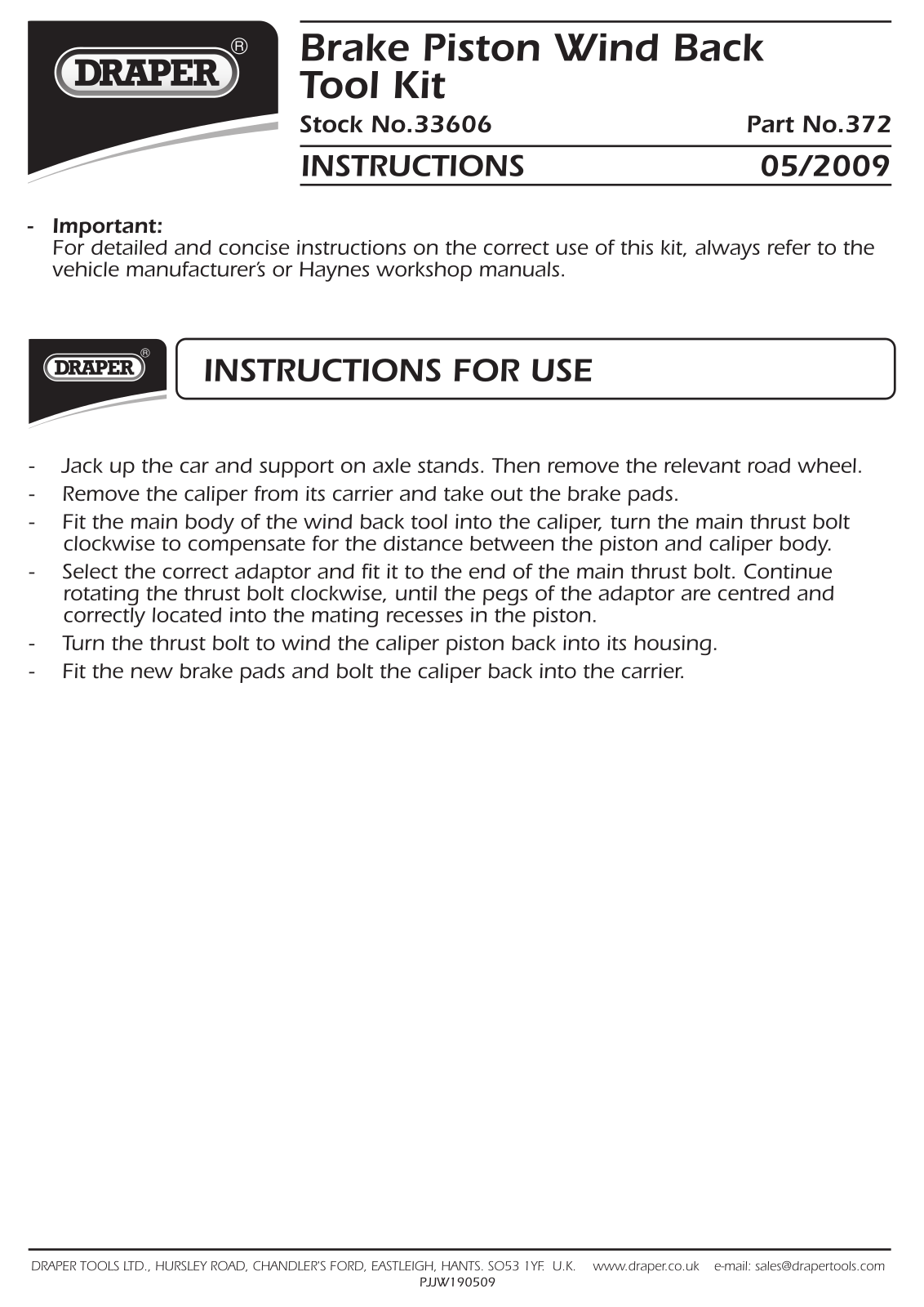 Draper 32286, DSH750 Instruction Booklet