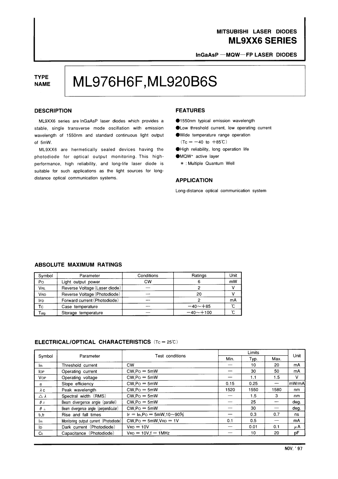 Mitsubishi ML920B6S, ML976H6F Datasheet