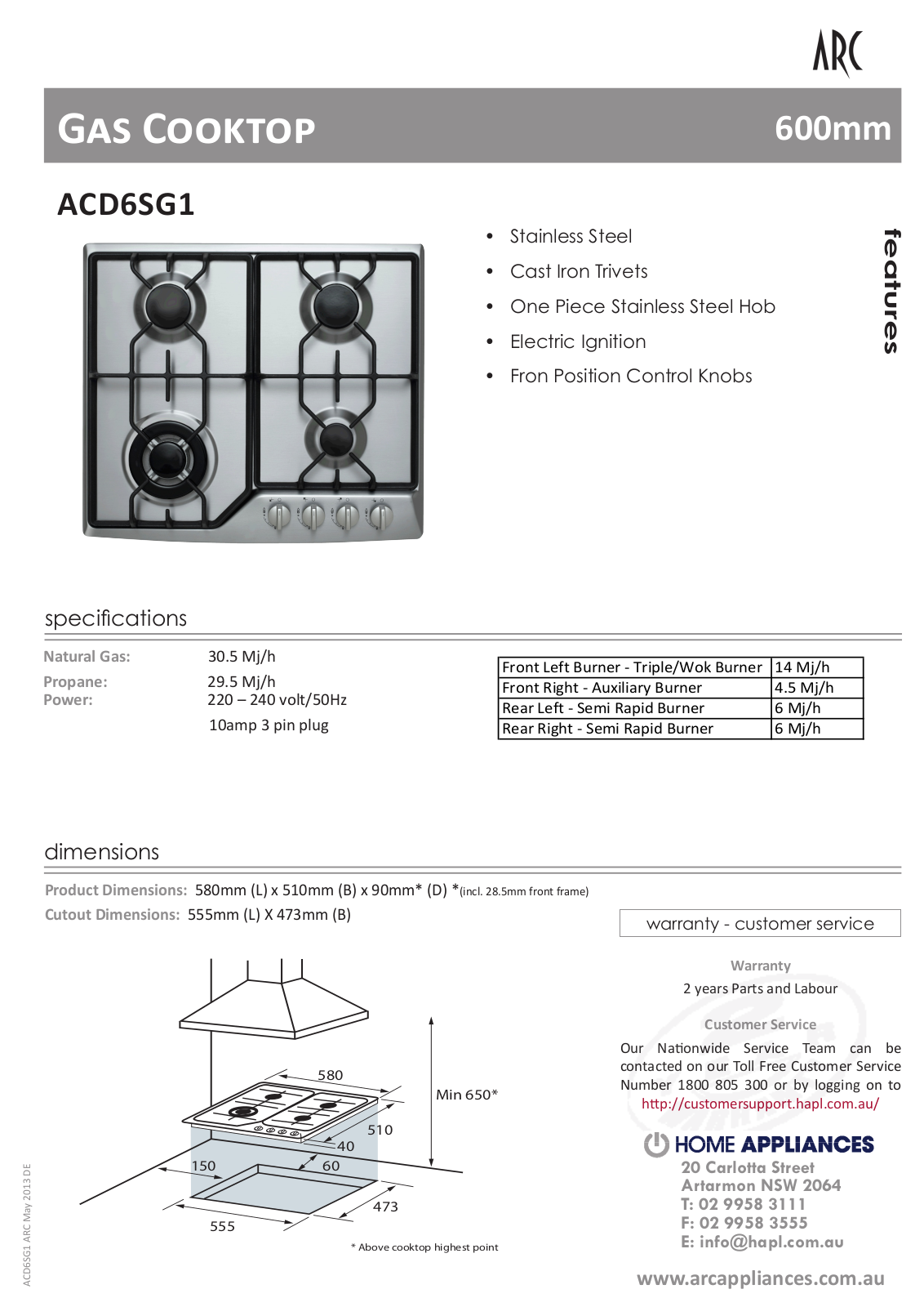 Arc ACD6SG1 Specifications Sheet